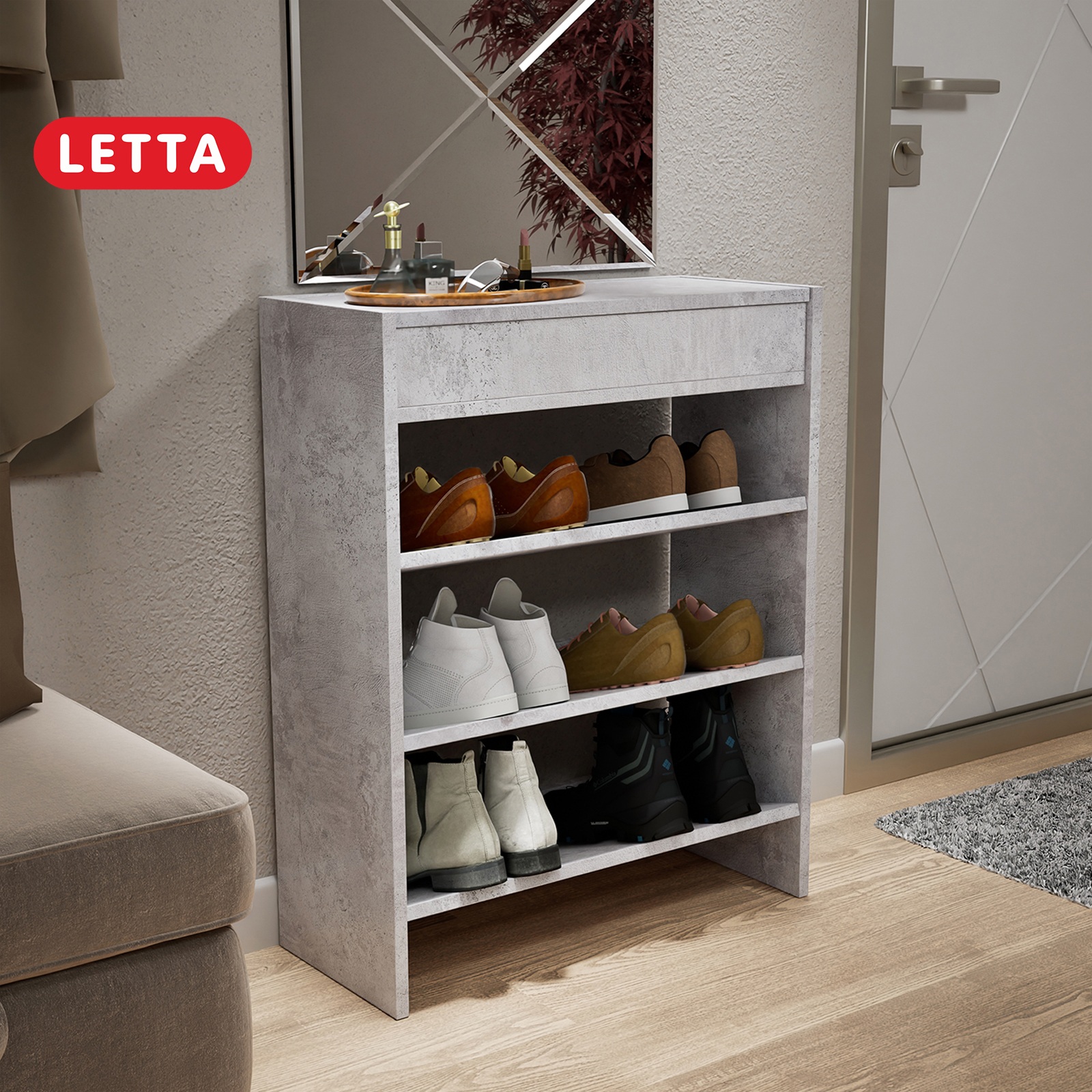 Изображение товара Обувница Letta 60x75x26 см с ящиком в стиле модерн серого цвета