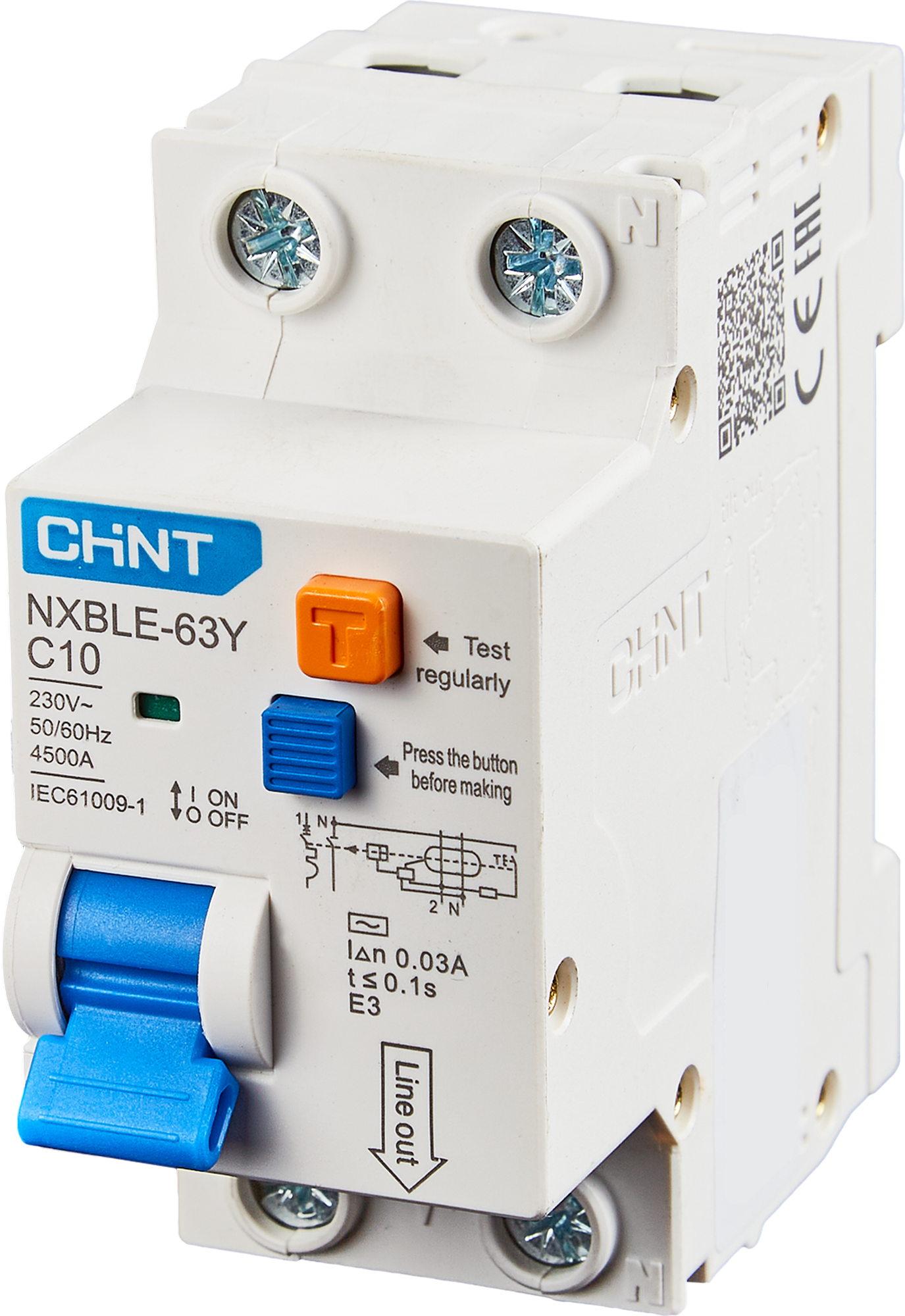 Изображение товара Дифференциальный автомат CHINT NXBLE-63Y 1P N C10 A 30 мА 4.5 кА AC