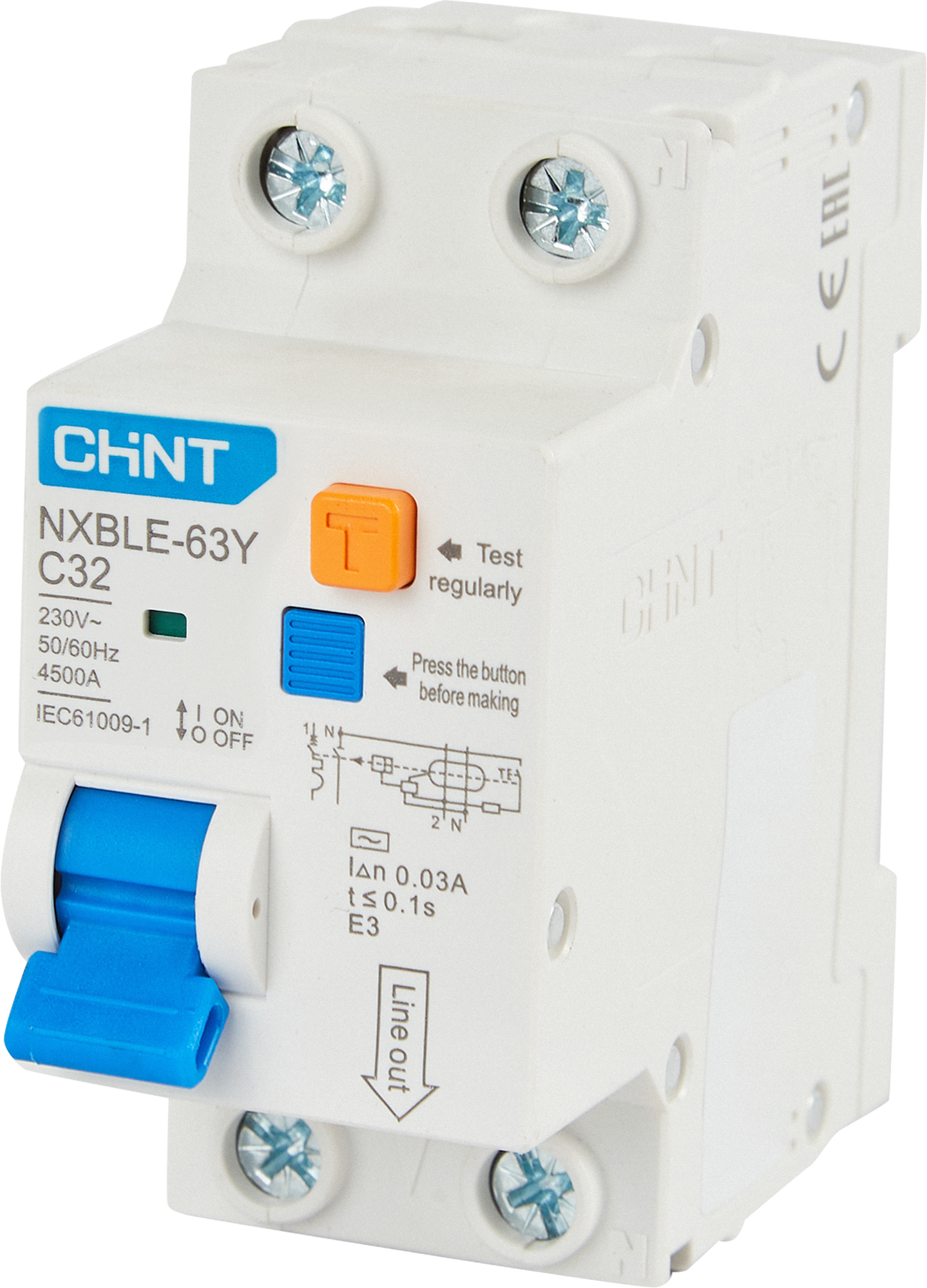 Изображение товара Дифференциальный автомат CHINT NXB-63S 1P N D32 A 30 мА 4.5 кА AC