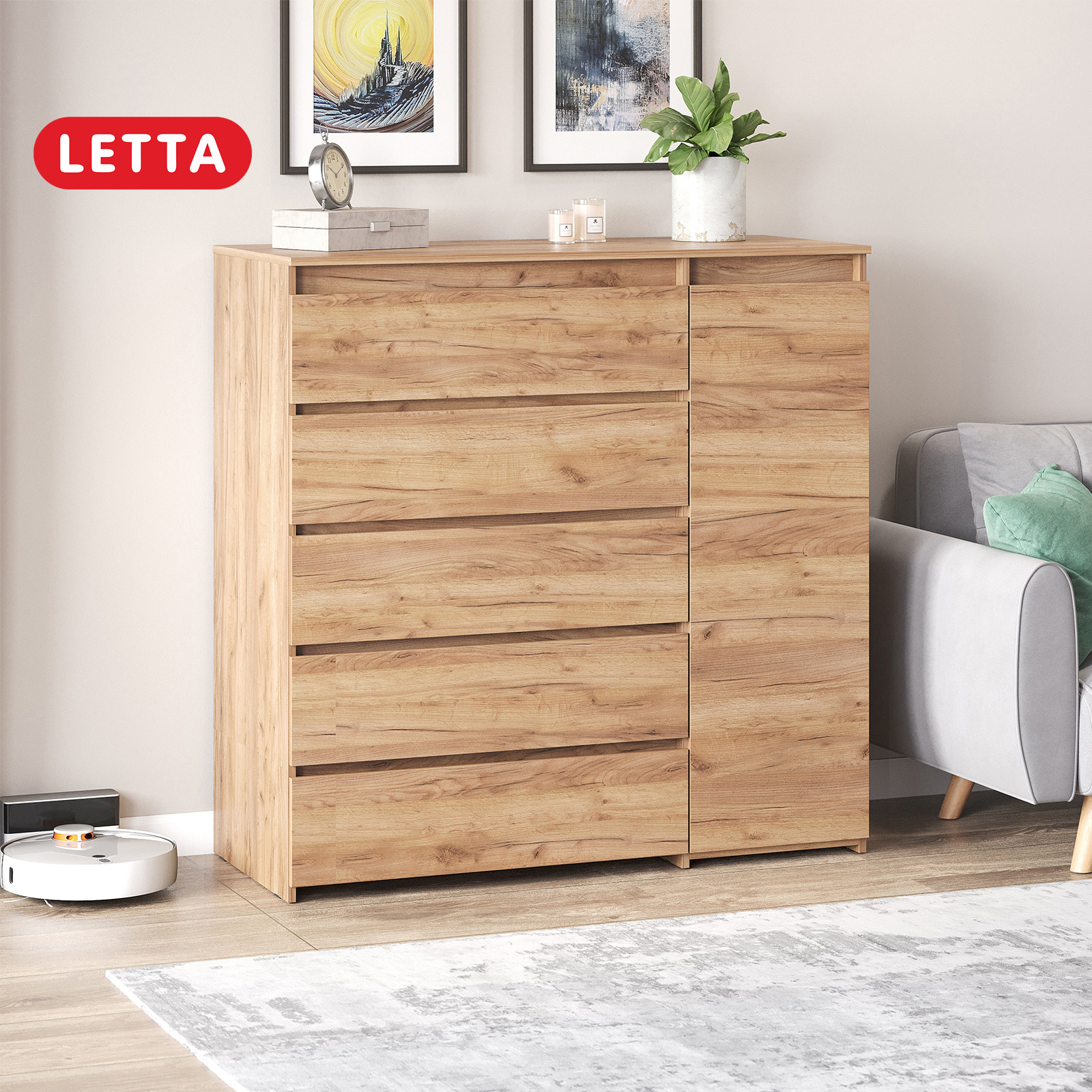 Изображение товара Комод Letta City plus 5 ящиков 120x50x120 см ЛДСП цвет дуб крафт золотой Изображение товара Комод Letta City plus 5 ящиков 120x50x120 см ЛДСП цвет дуб крафт золотой