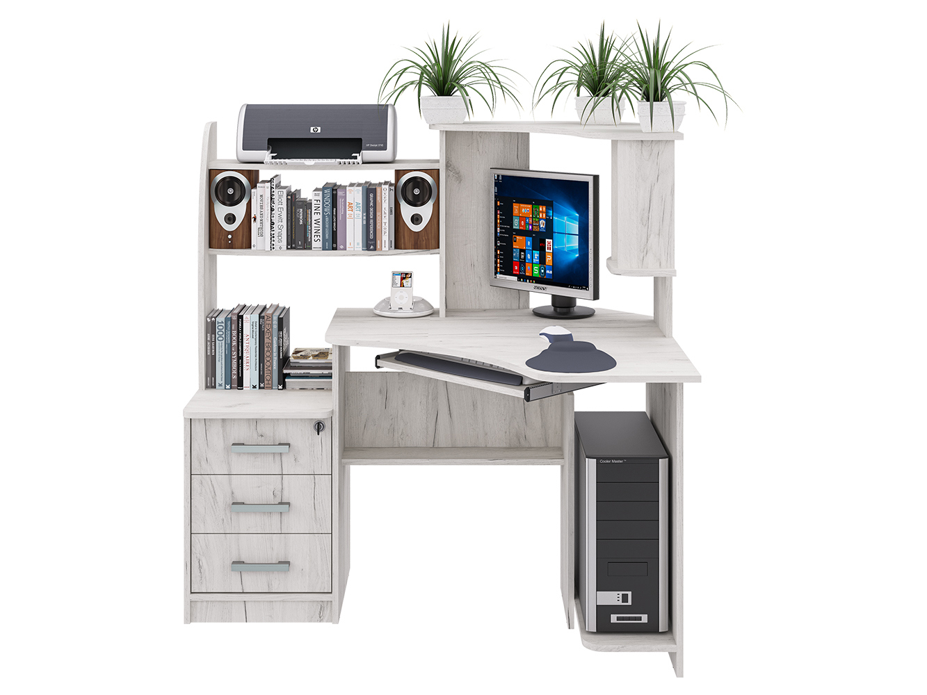 Изображение товара Офисный стол Пирамида СК-39 угловой с полкой и ящиками белый