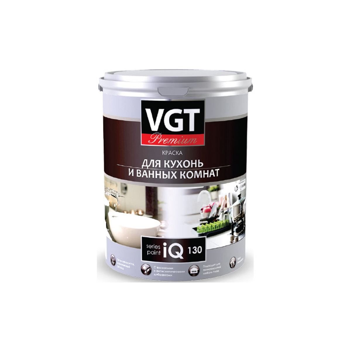 Изображение товара Краска для кухни и ванной VGT Premium iq130 полуглянцевая цвет белый база А 9 л Изображение товара Краска для кухни и ванной VGT Premium iq130 полуглянцевая цвет белый база А 9 л