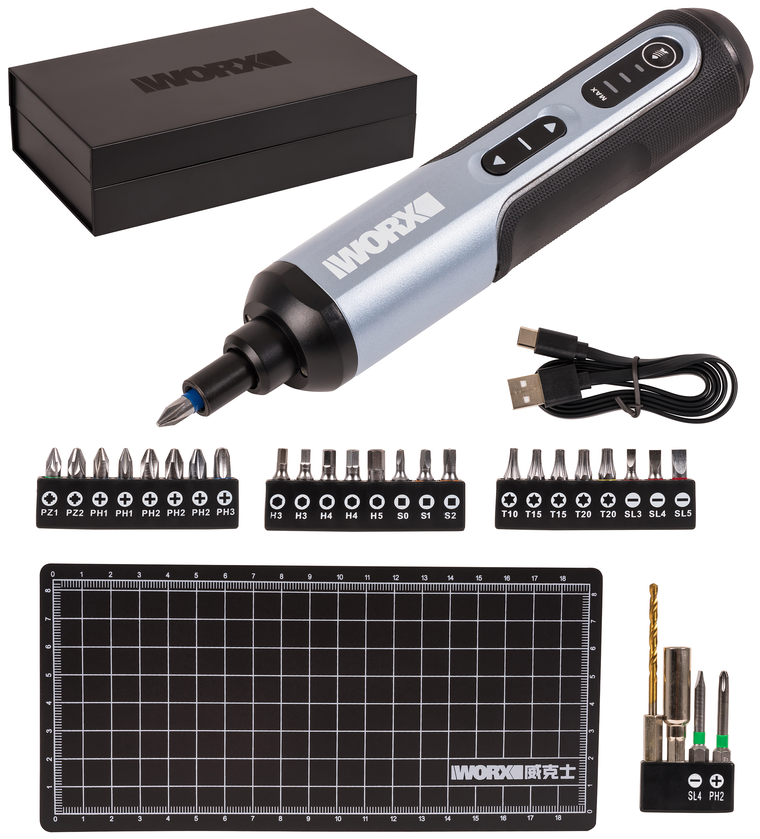 Изображение товара Отвертка аккумуляторная Worx WX240.1, 4 В Li-Ion 1.5 Ач, с набором бит 26 шт.