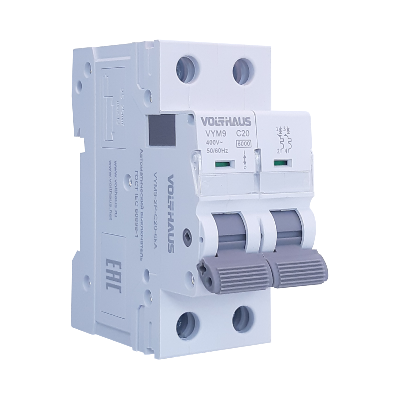 Изображение товара Автоматический выключатель Volthaus VYM9 2P C20 А 6 кА VYM9-2P-C20-6кА