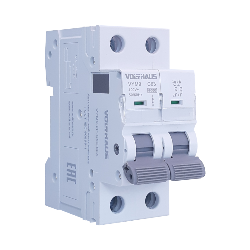 Изображение товара Автоматический выключатель Volthaus VYM9 2P C63 А 6 кА VYM9-2P-C63-6кА
