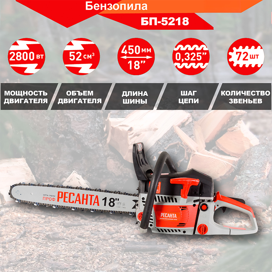 Изображение товара Бензопила Ресанта БП-5218 3.81 л.с. шина 45 см