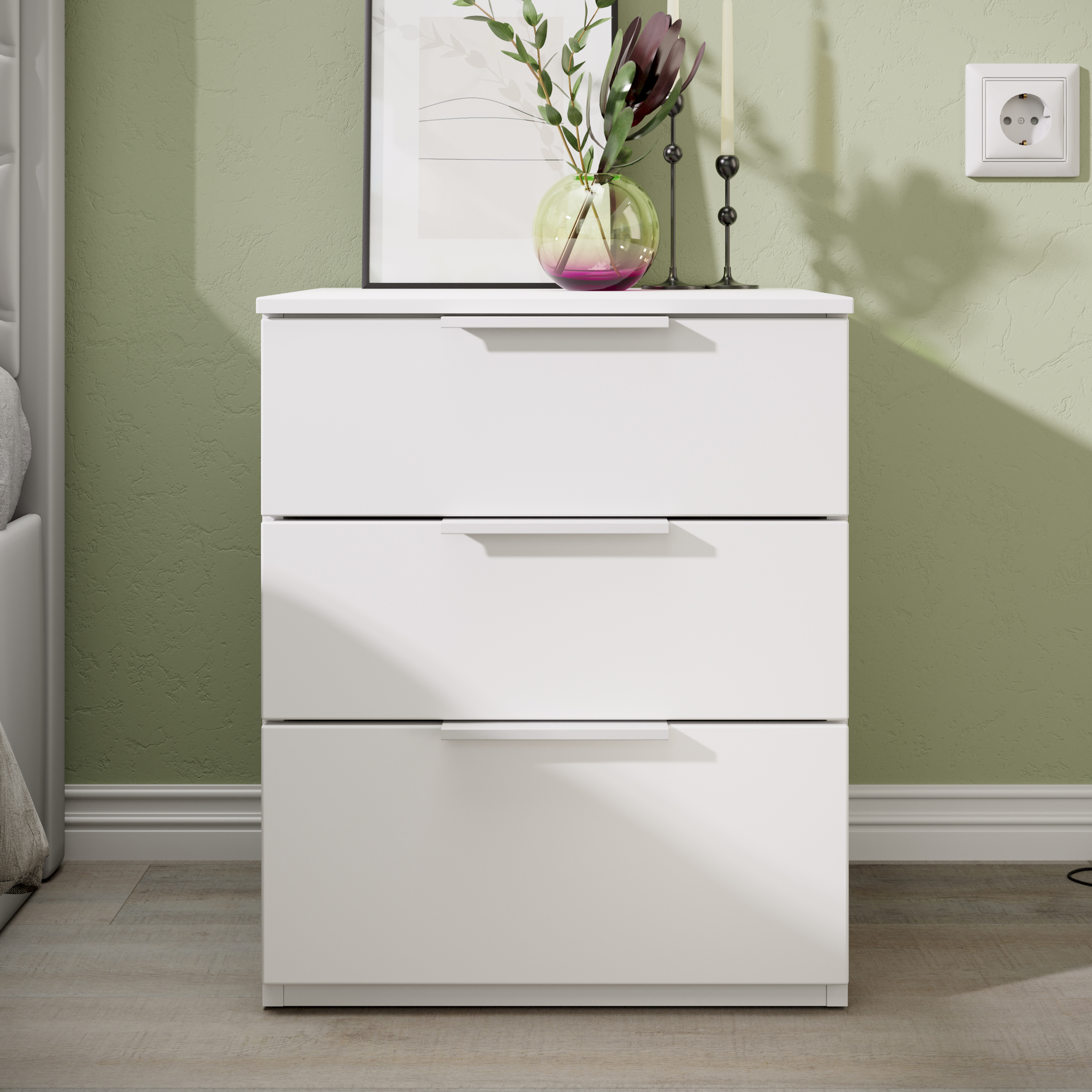 Изображение товара Тумба прикроватная Трия Порто ТД-393.03.01 45x55x45 см 3 ящика ЛДСП цвет белый жемчуг/белый софт