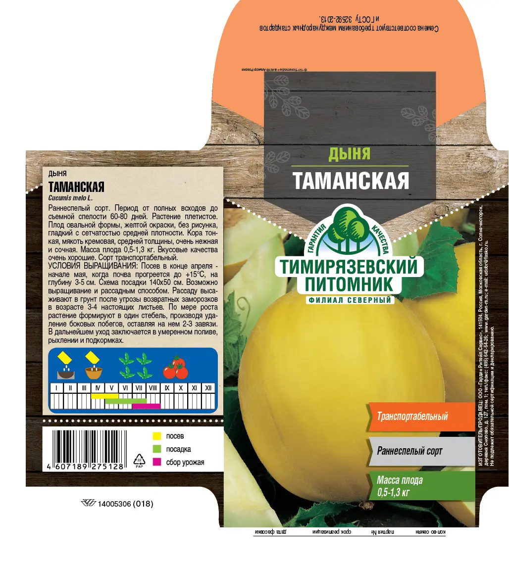 Семена плодово-ягодных растений Тимирязевский питомник дыня Таманская ранняя