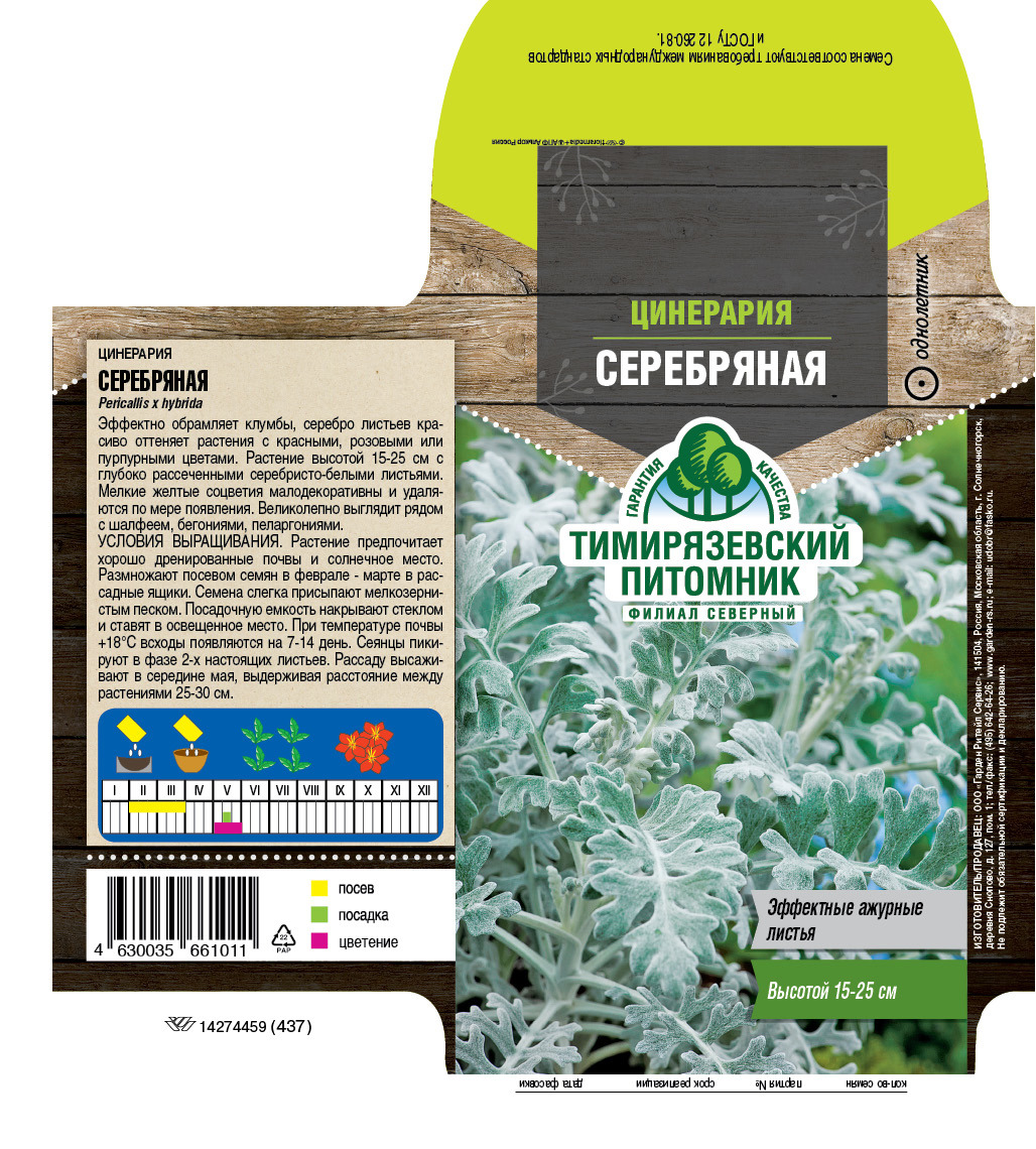 Изображение товара Семена цветов Тимирязевский питомник цинерария Серебряная