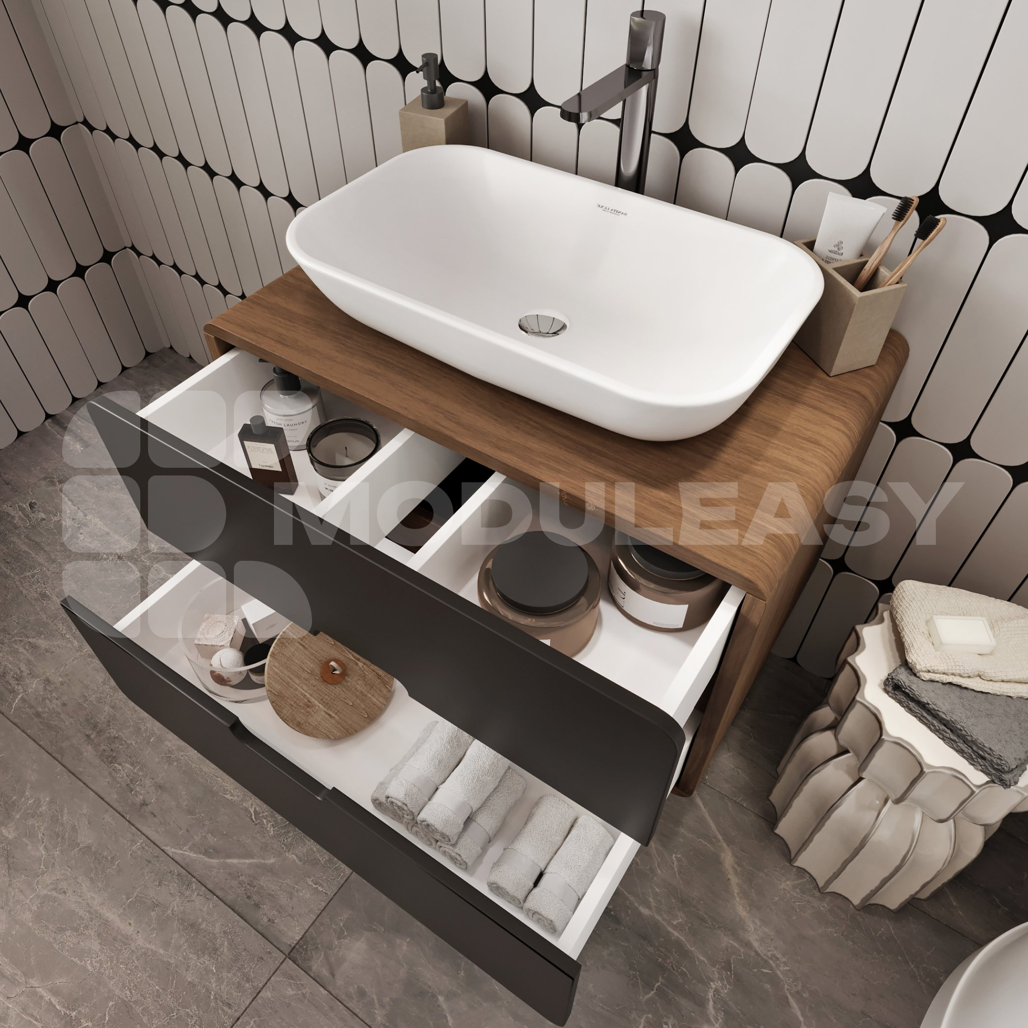 Изображение товара Тумба под раковину Moduleasy Twist 80x50x50П с 2 ящиками и системой амортизации