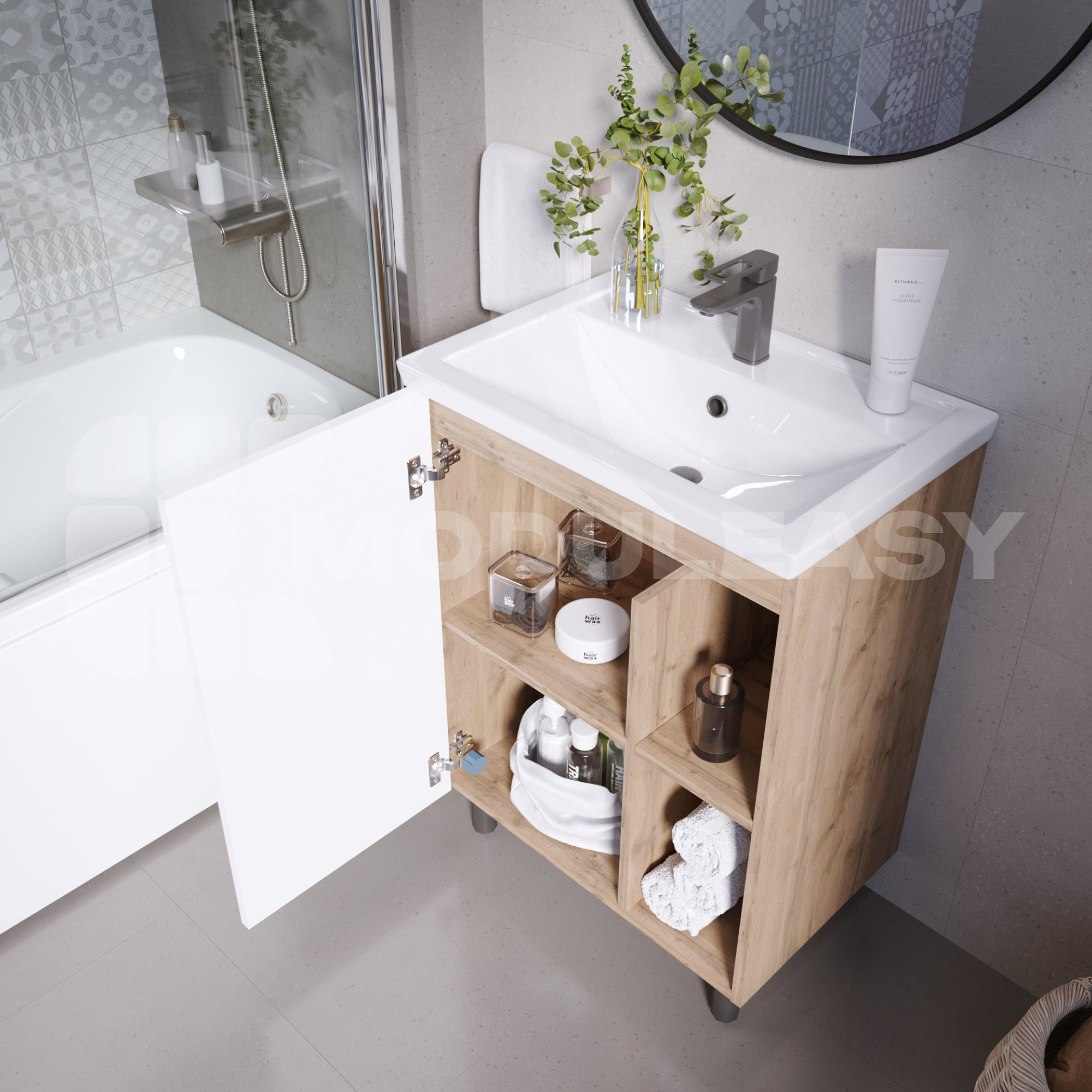 Изображение товара Тумба с раковиной Moduleasy Dove 61x84x40.7Н 1д 2п дуб вотан/белая аляска