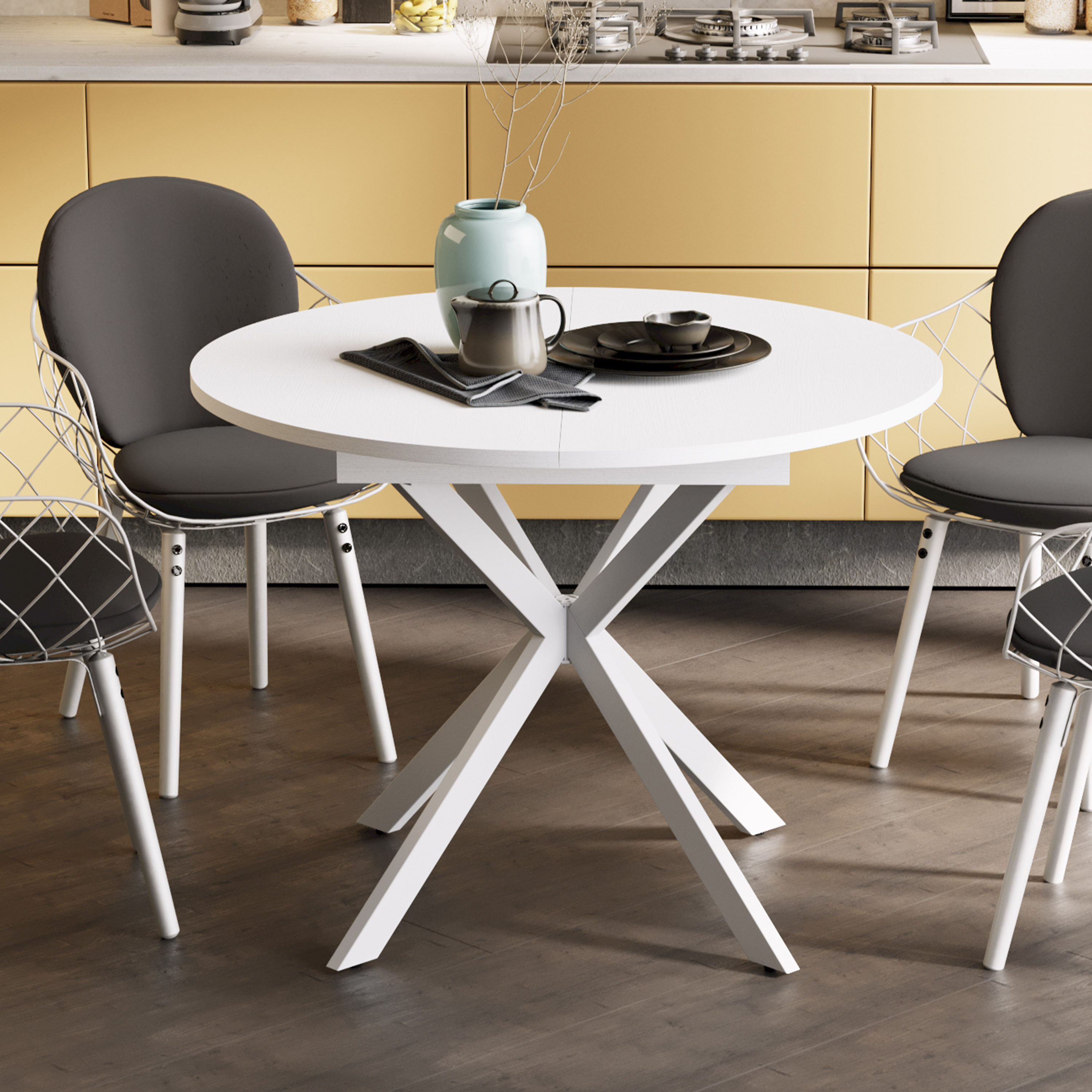 Изображение товара Обеденный стол круглый Трия 237762 100x100 см ЛДСП цвет белый муар/белый Изображение товара Обеденный стол круглый Трия 237762 100x100 см ЛДСП цвет белый муар/белый