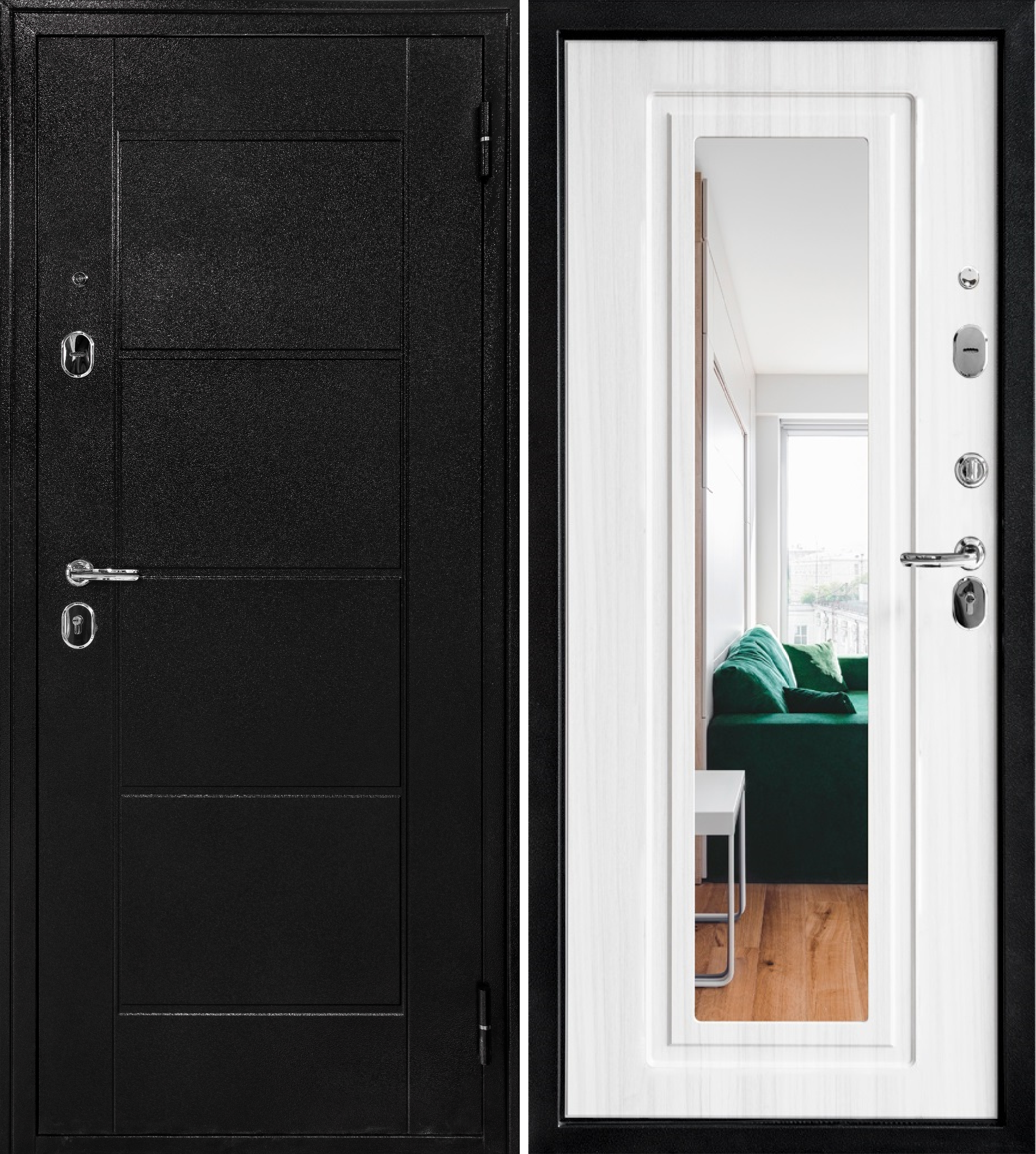 Изображение товара Входная дверь Форпост 75 правый 205x96см цвет антик тёмно-коричневый/лиственница беленая с зеркалом