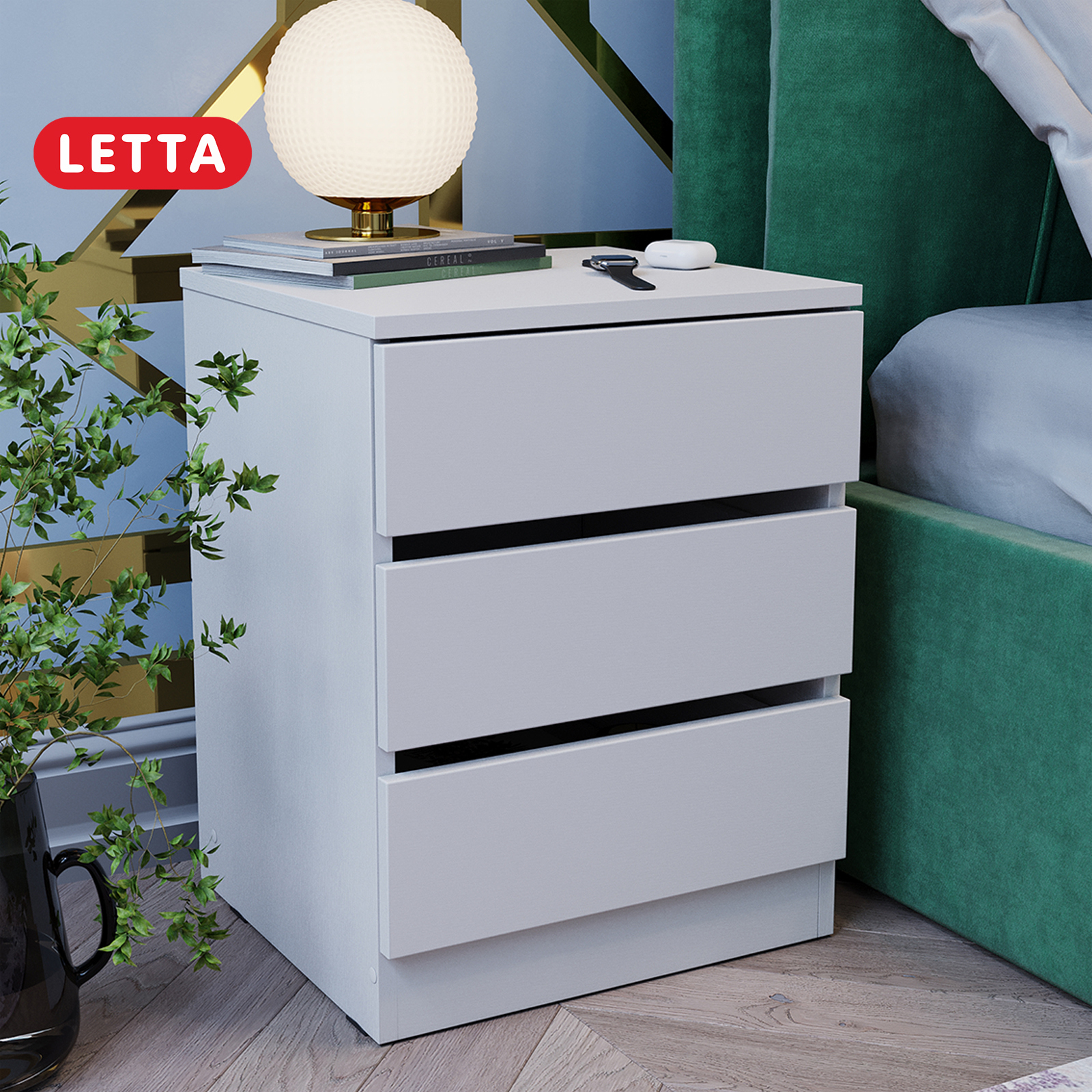 Изображение товара Тумба прикроватная Letta 41x53x38 см с 3 ящиками из ЛДСП Белая