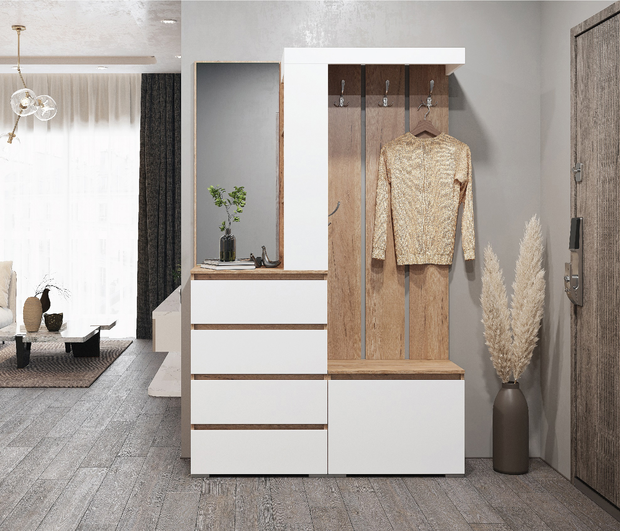 Изображение товара Комплект мебели для прихожей Стендмебель Хелен 126x198x35.3 см ЛДСП цвет дуб крафт золотой