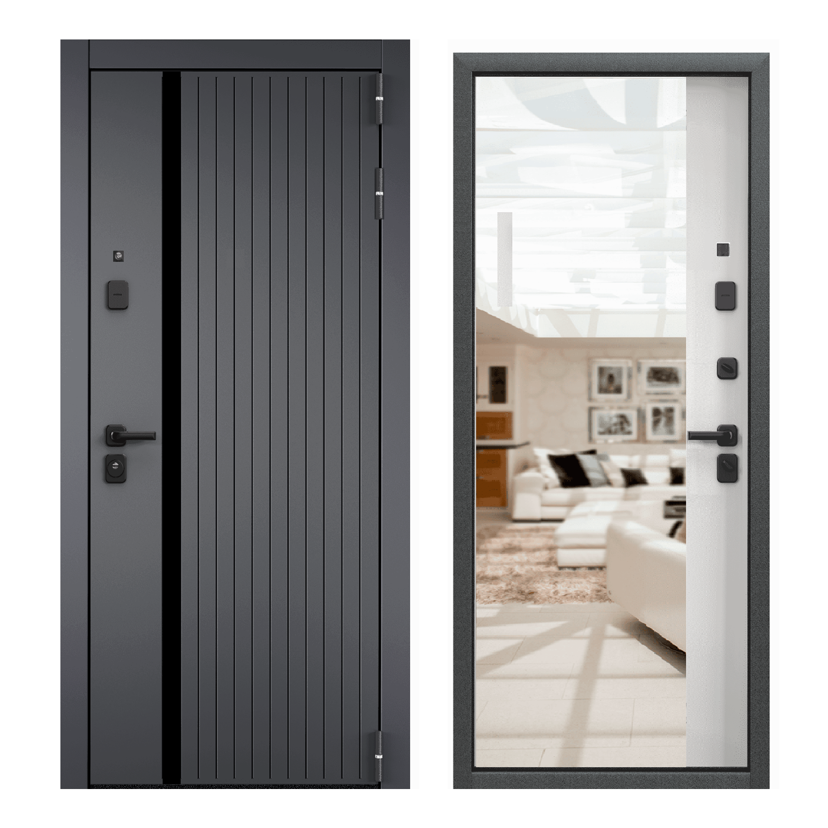 Изображение товара Входная дверь Buldoors 90 РР правый 205x96см цвет букле черный/белый матовый с зеркалом Изображение товара Входная дверь Buldoors 90 РР правый 205x96см цвет букле черный/белый матовый с зеркалом