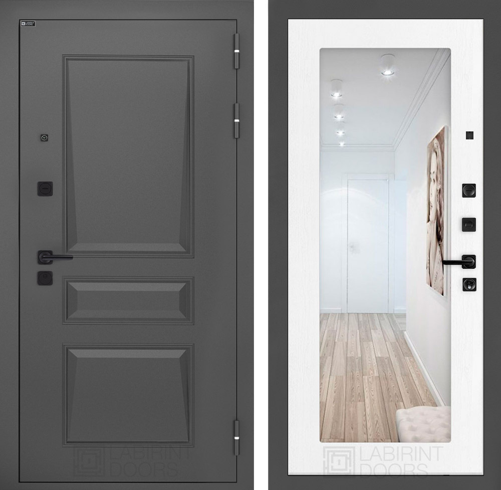 Изображение товара Входная дверь Лабиринт Орлеан П18 правый 205x88см цвет муар серый 7024 матовый/белое дерево с зеркалом
