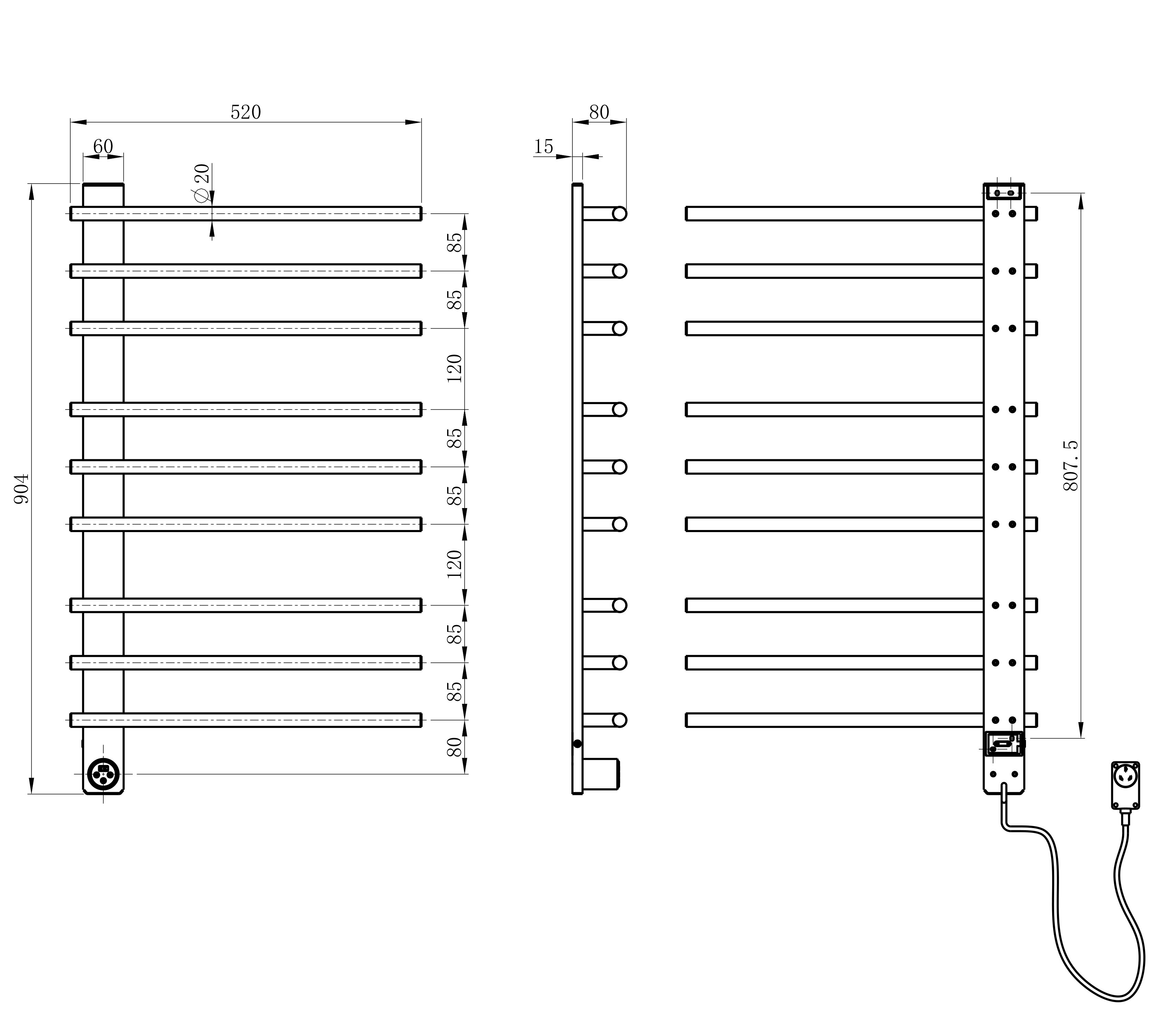 Изображение товара Полотенцесушитель электрический Wonzon & woghand 520x904 мм 60 Вт с терморегулятором E-образный цвет темный графит