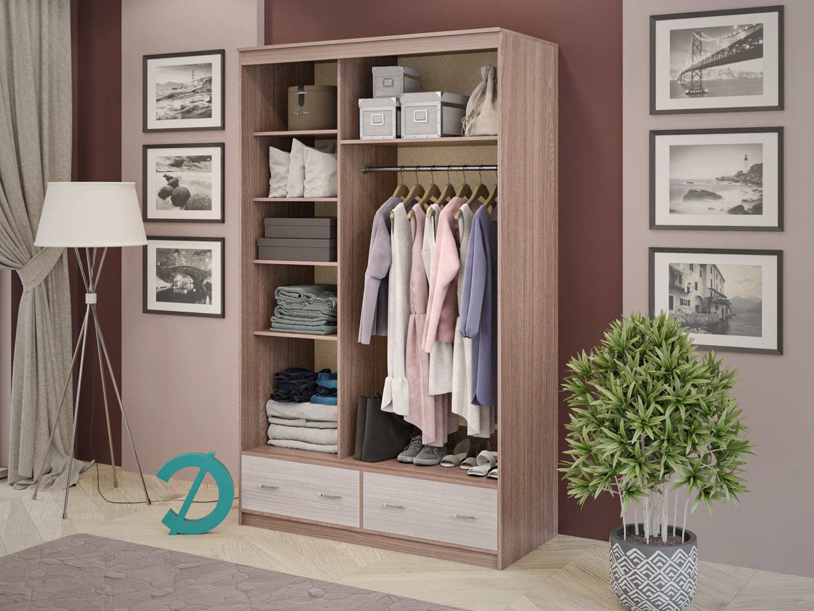 Изображение товара Шкаф-купе Досто 220x135x60 см 5 полки ЛДСП цвет коричневый