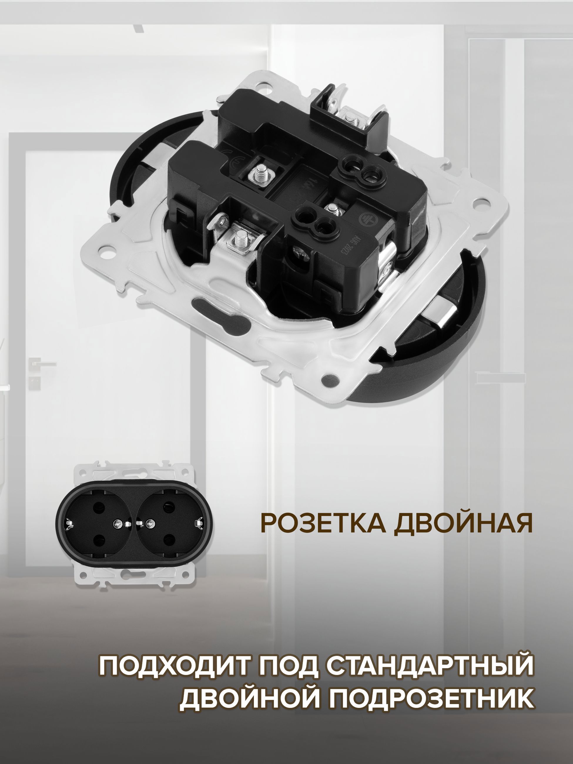 Изображение товара Розетка двойная встраиваемая Arte milano SET08-double-40-2.black с заземлением и шторками цвет черный