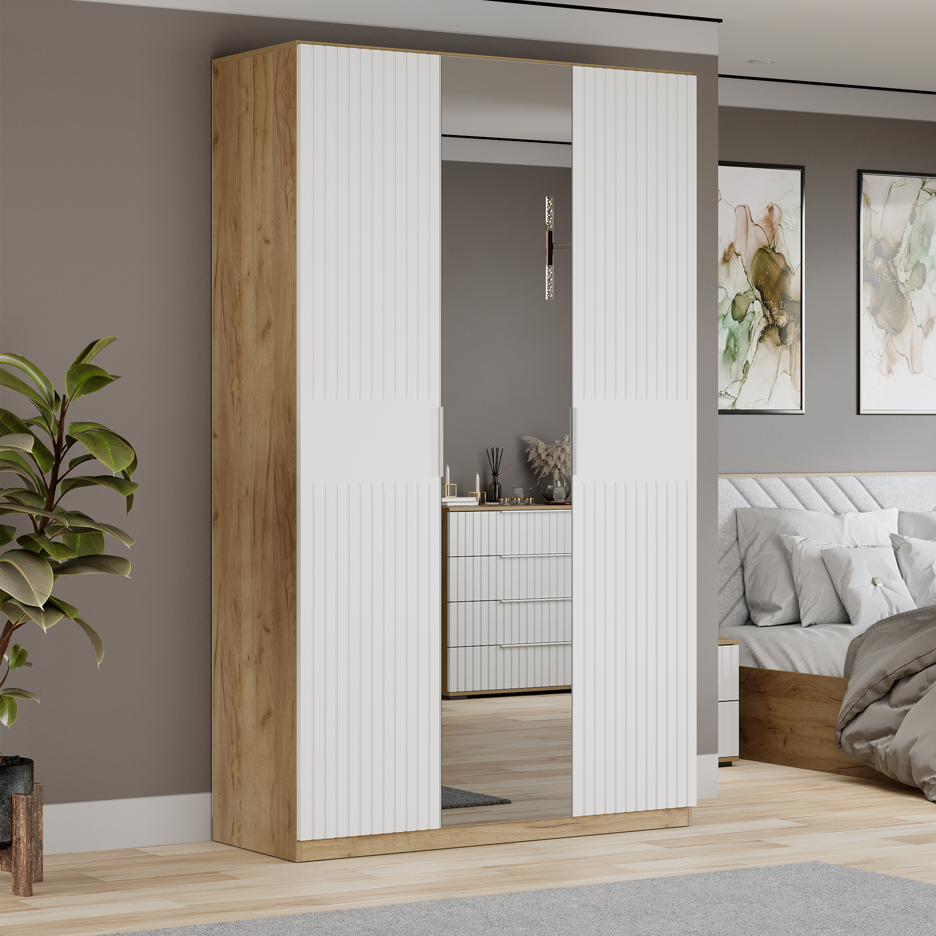 Изображение товара Шкаф распашной Трия 135x226x53 см ЛДСП цвет дуб крафт золотой/белый матовый