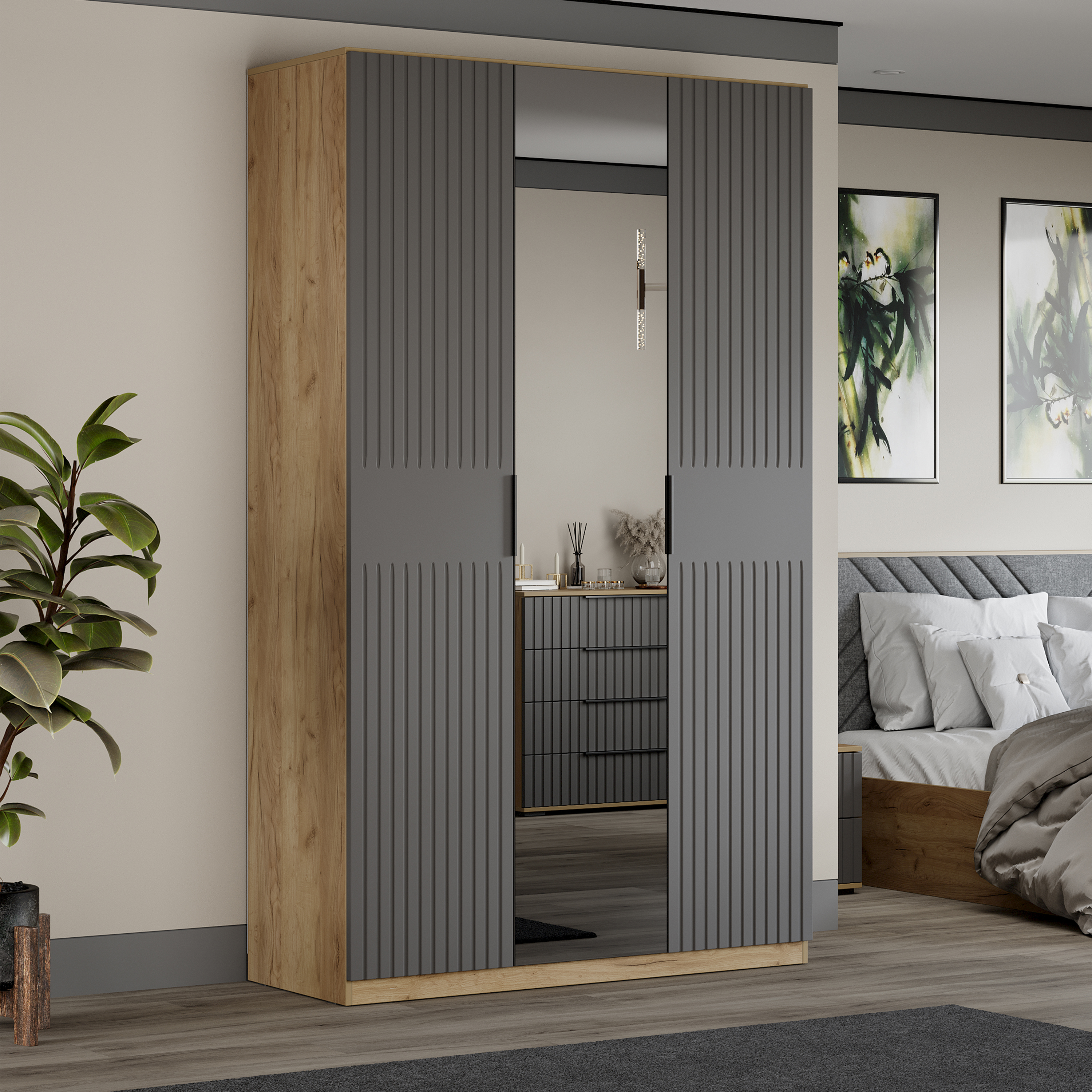 Изображение товара Шкаф распашной Трия 135x226 см дуб крафт золотой глянец современный стиль