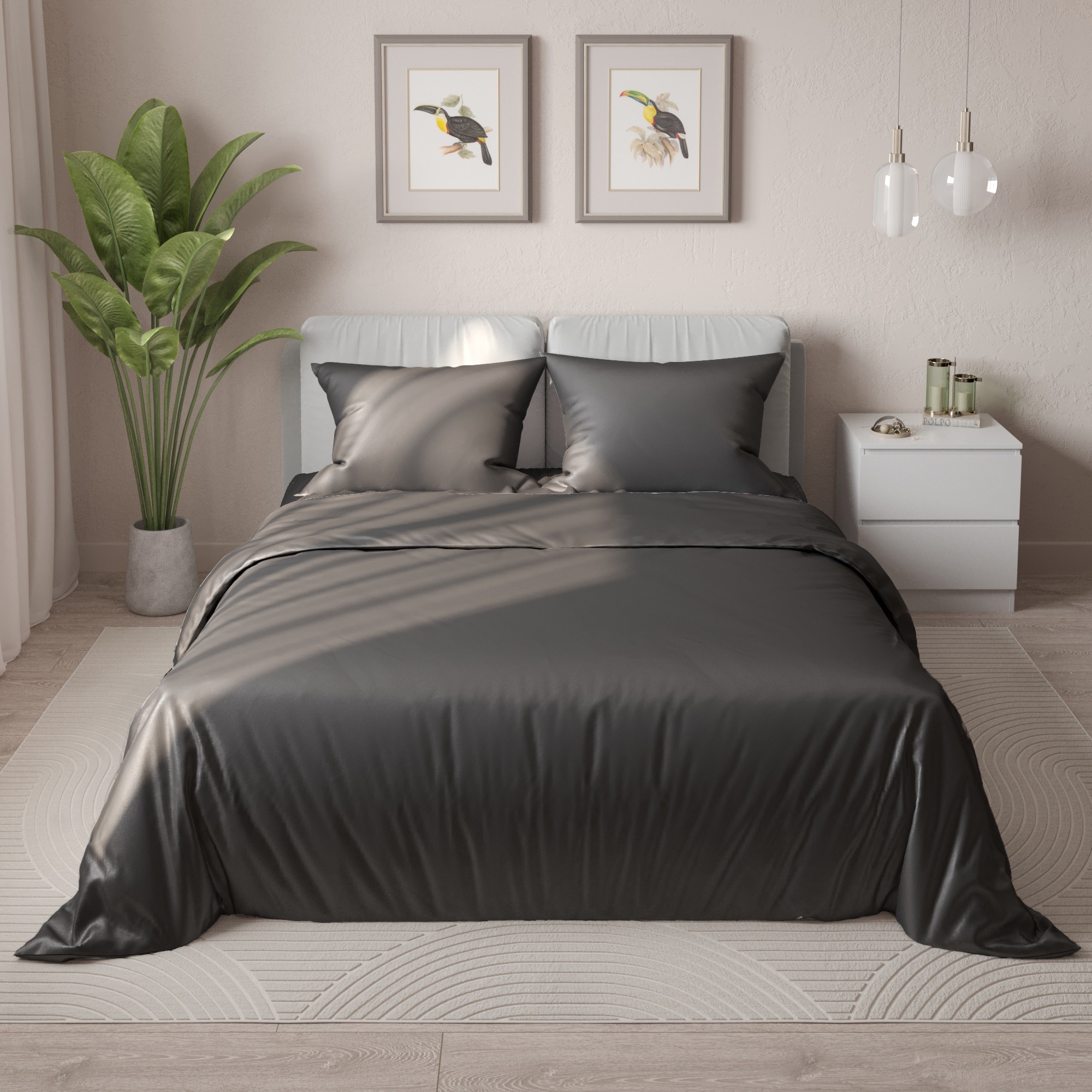 Изображение товара Комплект постельного белья евро полисатин графит с наволочками и простынью