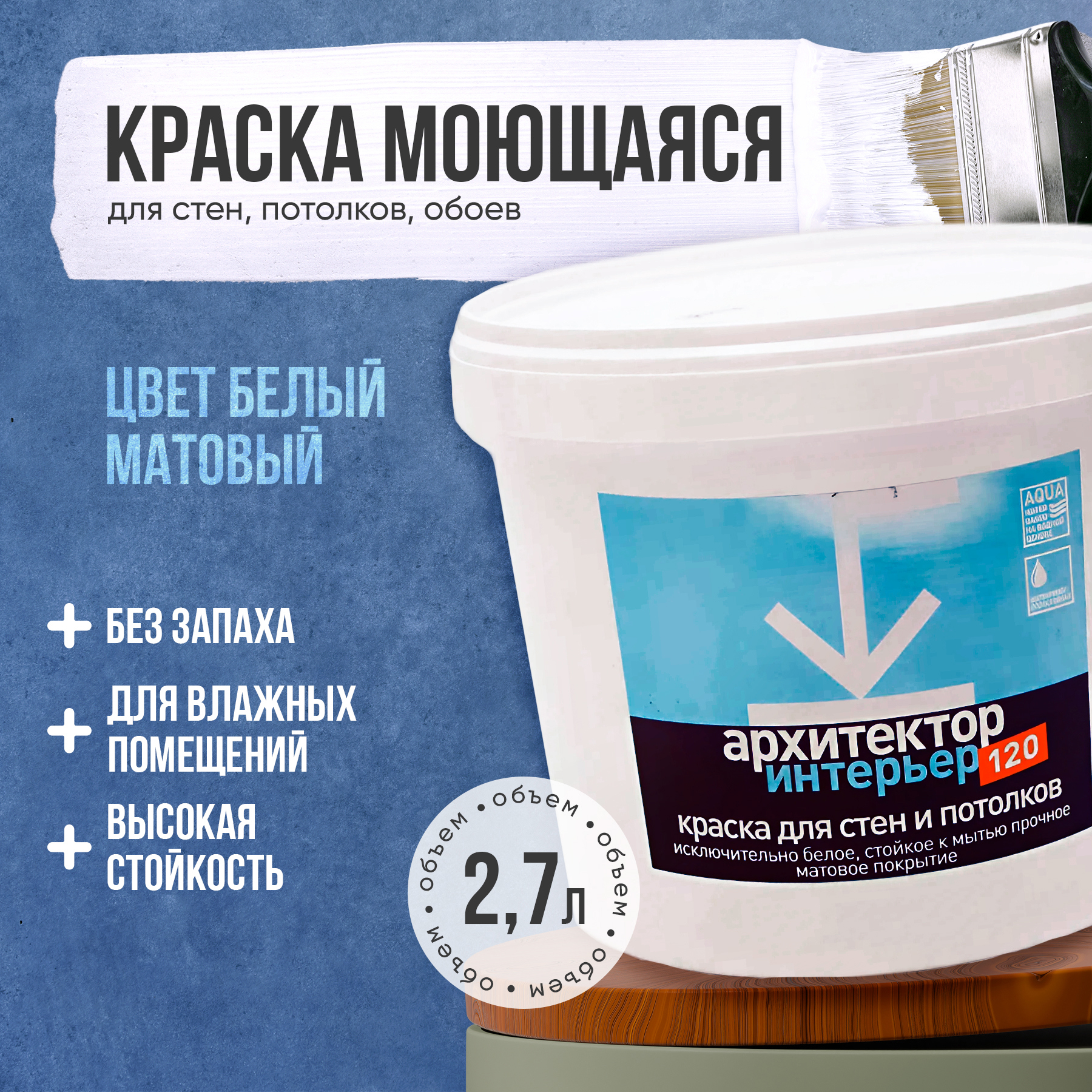 Изображение товара Краска для стен потолков обоев моющаяся Архитектор Интерьер-ВД-АК-120 без запаха быстросохнущая белая матовая 2.7 л