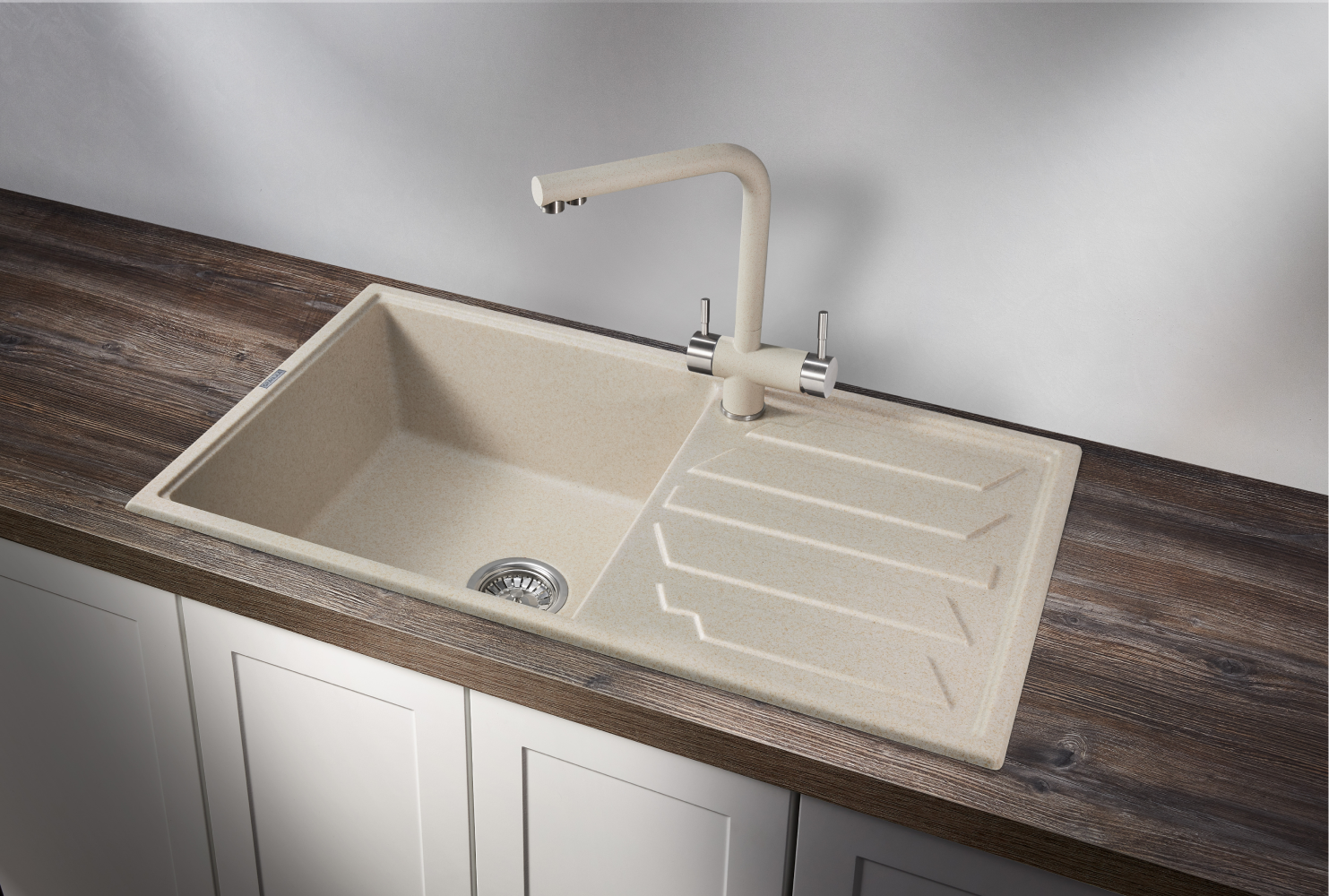 Изображение товара Кухонная кварцевая мойка GRANULA GR-8601 860х500 мм бежевый с крылом