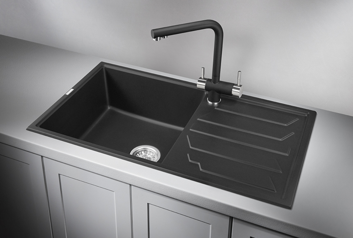 Изображение товара Врезная мойка Granula 86x50x20 см кварц цвет черный Изображение товара Врезная мойка Granula 86x50x20 см кварц цвет черный