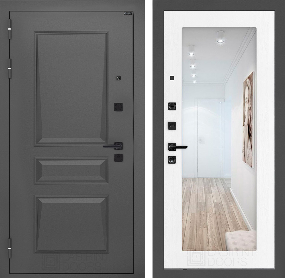 Изображение товара Входная дверь Лабиринт Орлеан П18 левый 205x88см цвет муар серый 7024 матовый/белое дерево с зеркалом