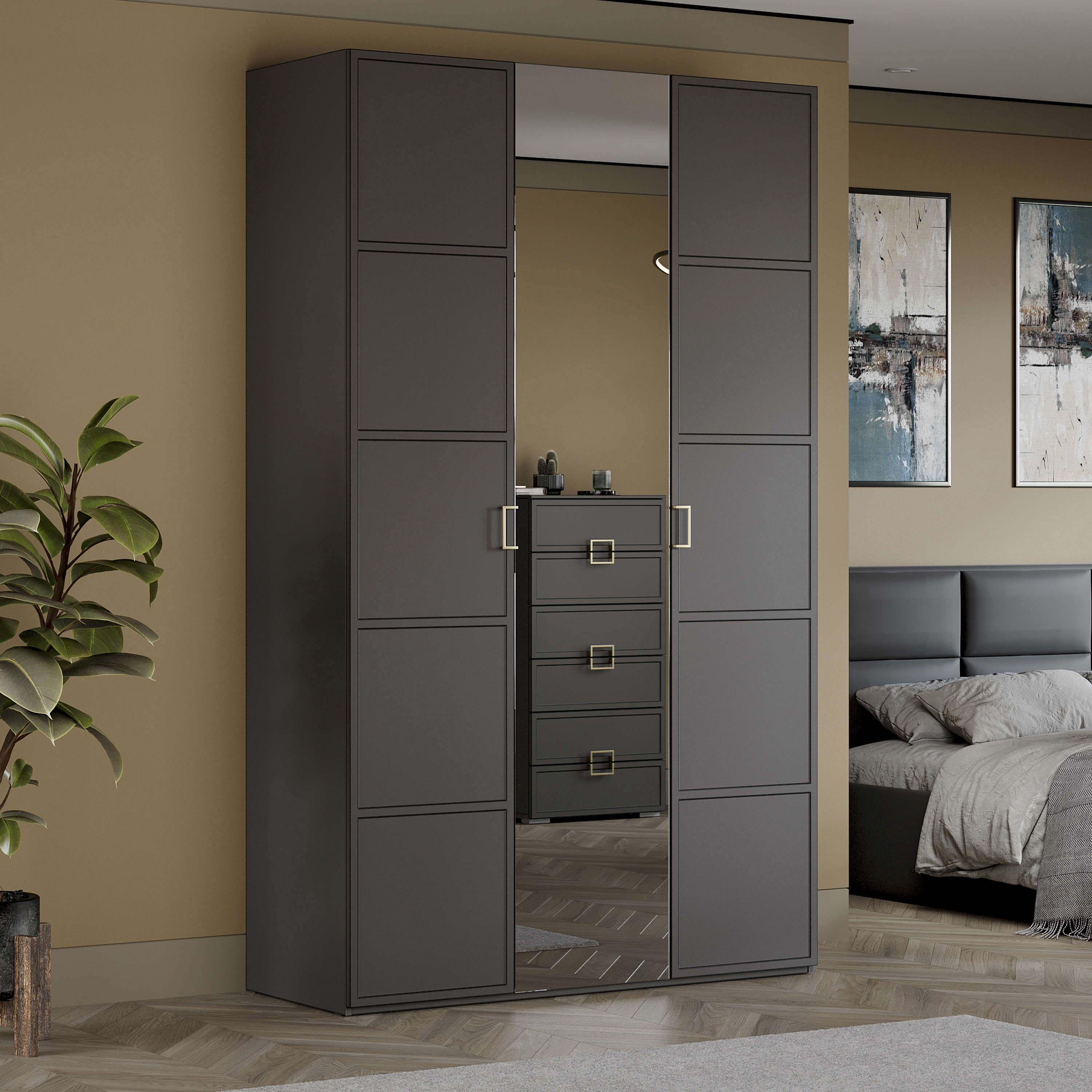 Изображение товара Шкаф Трия 135x225x53 см из коллекции Стелла серый из ЛДСП с зеркалом