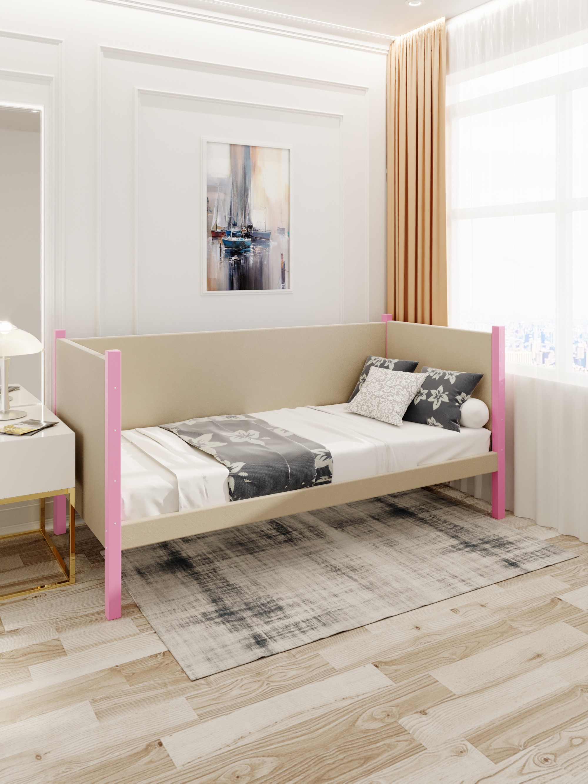 Изображение товара Кровать Solarius Тахта орто основание tahta-obiv-spin-beg90-200roz-orto 100 x 101 x 210 см дерево цвет бежевый/розовый