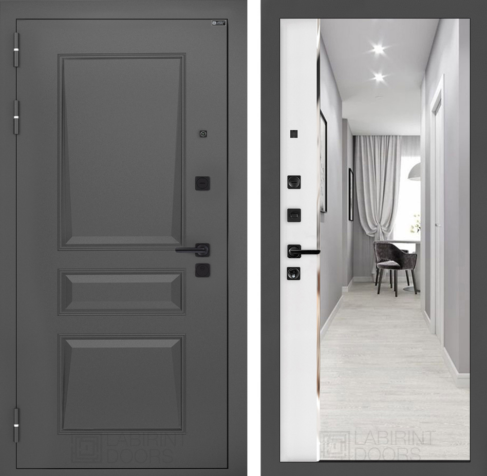 Изображение товара Входная дверь Лабиринт Орлеан левый 205x88см цвет муар серый 7024 матовый/белый софт с зеркалом панорама