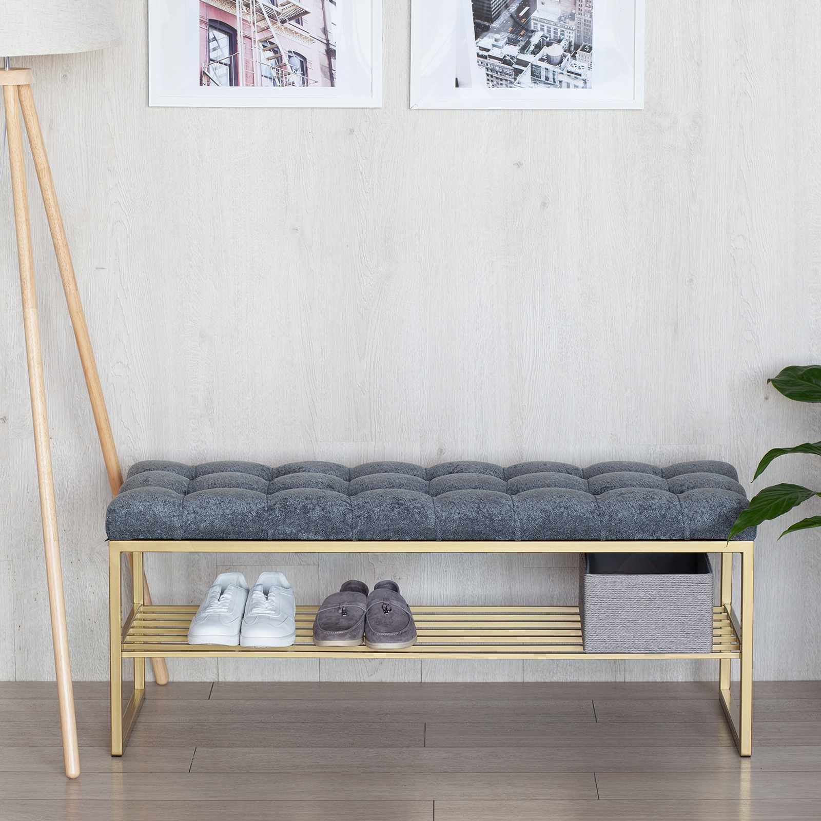 Изображение товара Стильная банкетка RUBY из стали и микрошенилла с полкой для обуви