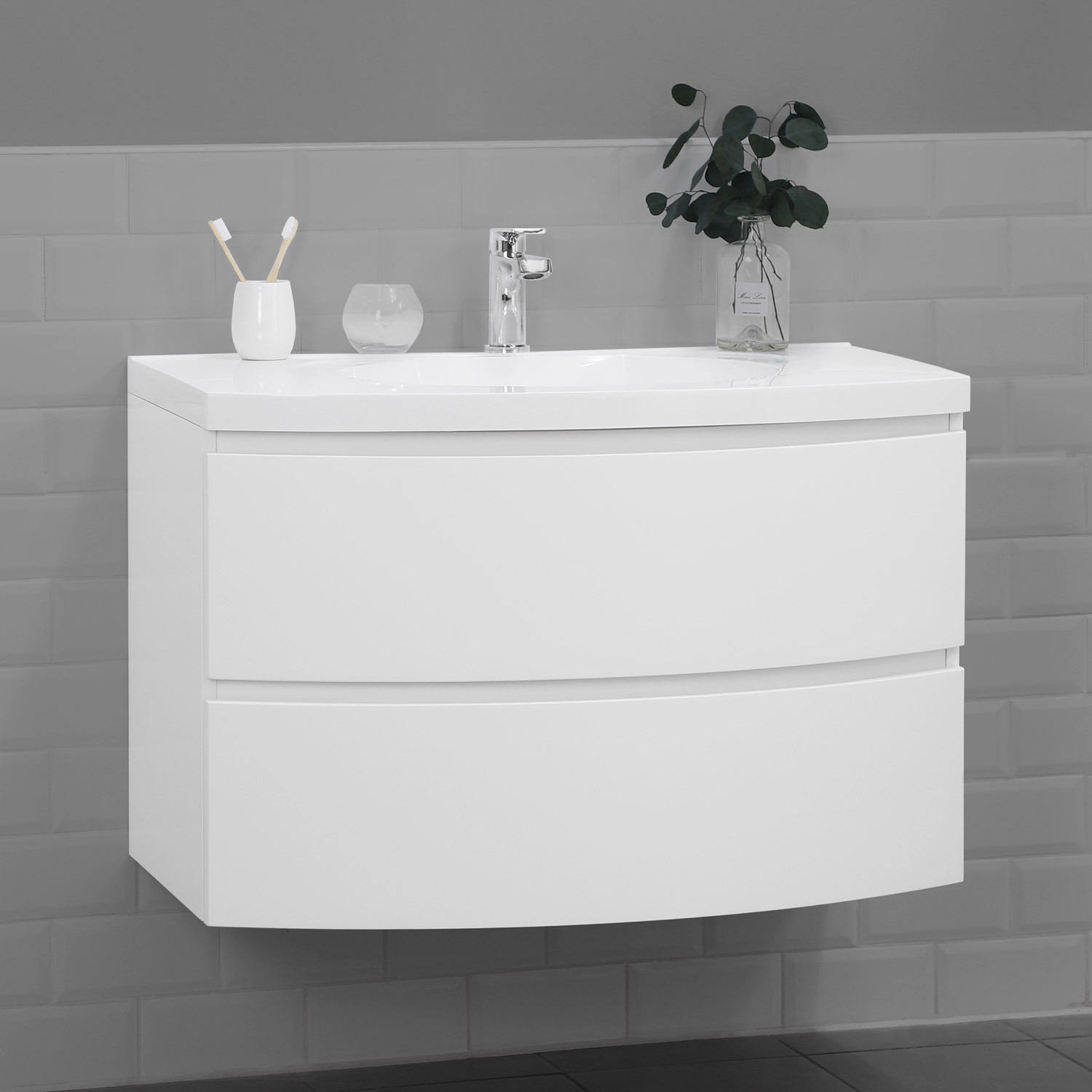 Изображение товара Тумба с раковиной в ванную Итана Arko 90 подвесная с радиусными фасадами бланж