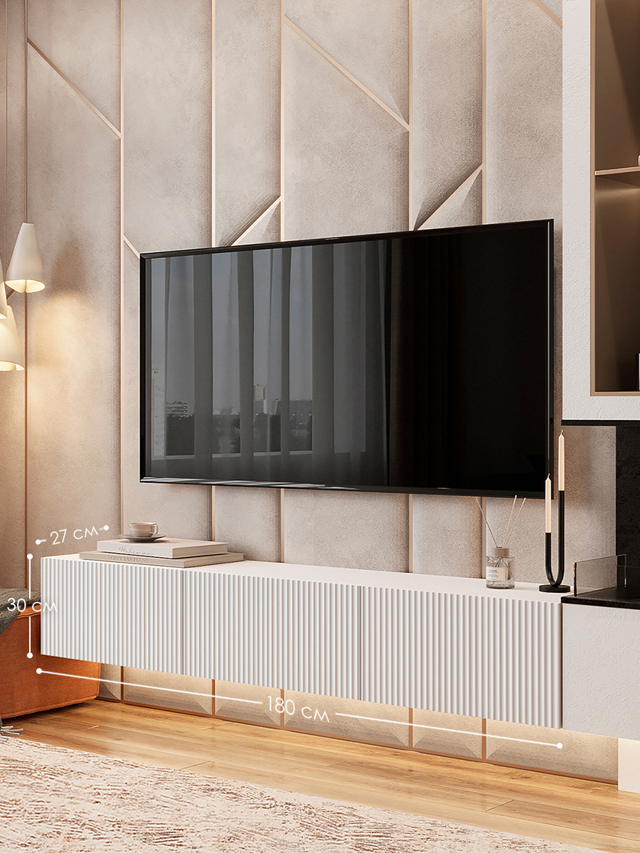 Изображение товара Тумба под телевизор Puzzlemebel Камелия 180x30x27 см белая современная мебель