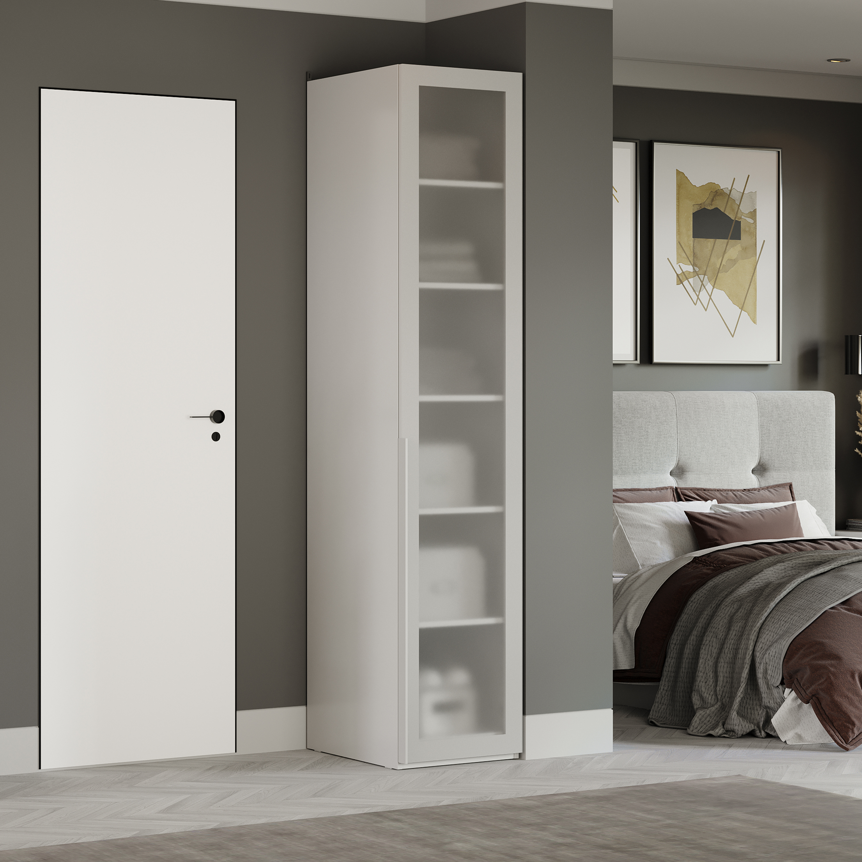 Изображение товара Шкаф Трия 45x217x58 см из серии Порто Белый Жемчуг со стеклом сатин