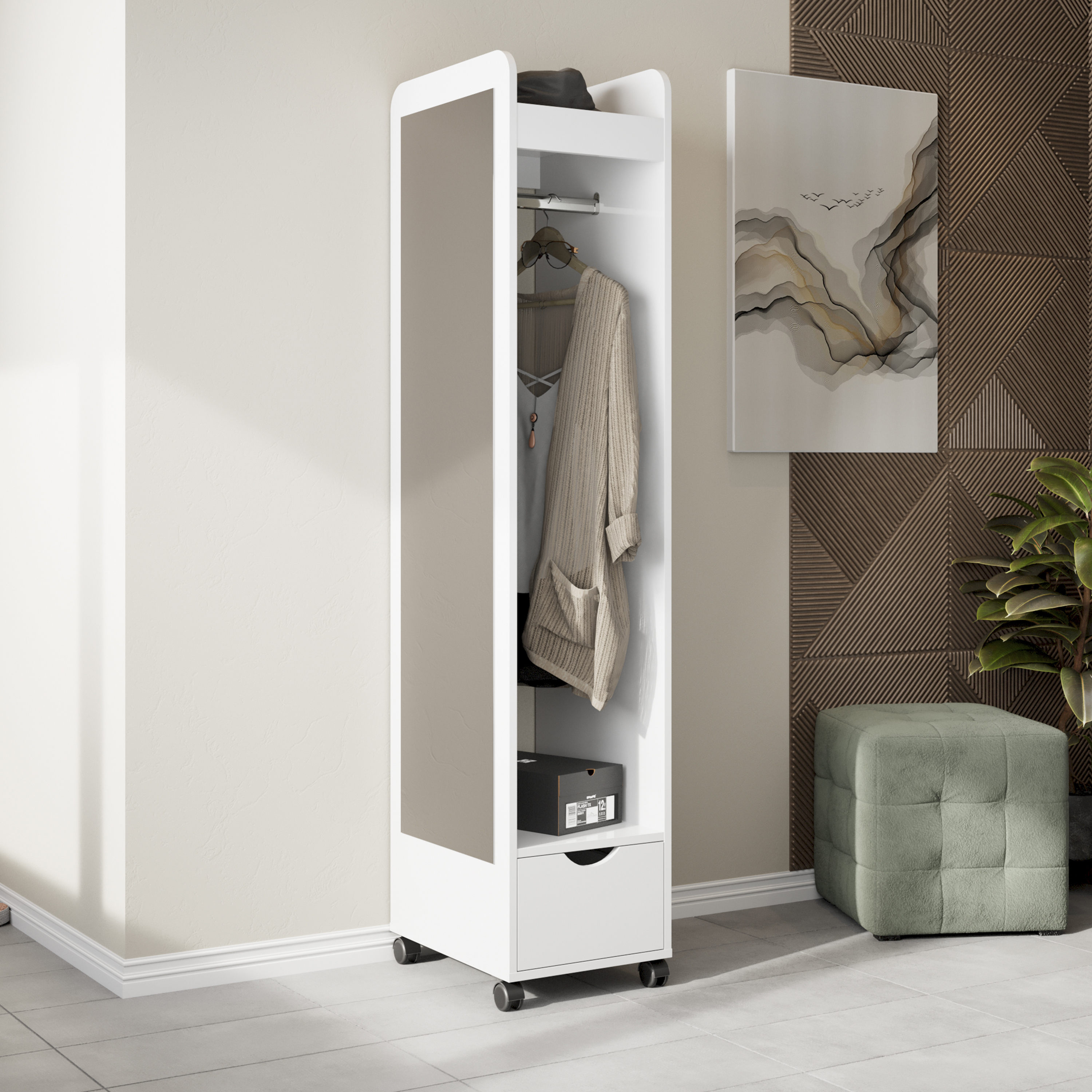 Изображение товара Напольная вешалка Трия Лайт 179777 из ЛДСП белый глянец с зеркалом и колесиками