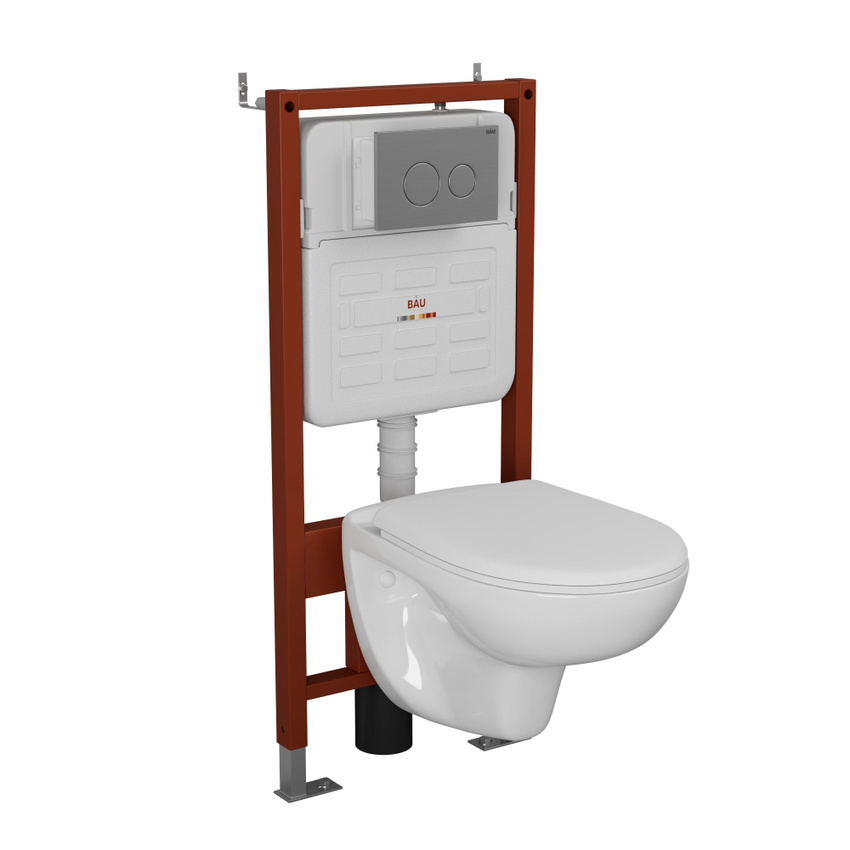 Изображение товара Комплект BAUEDGE 6 в 1 E458103-BN0111-E00118: инсталляция PRO, унитаз безободковый Novo, сиденье микролифт, кнопка BAU, нерж сталь брашированная