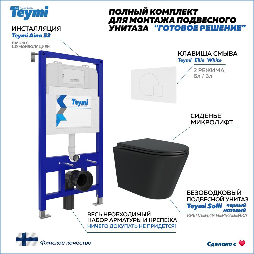 Изображение товара Комплект инсталляции с унитазом TEYMI Solli F08908 черный готовое решение