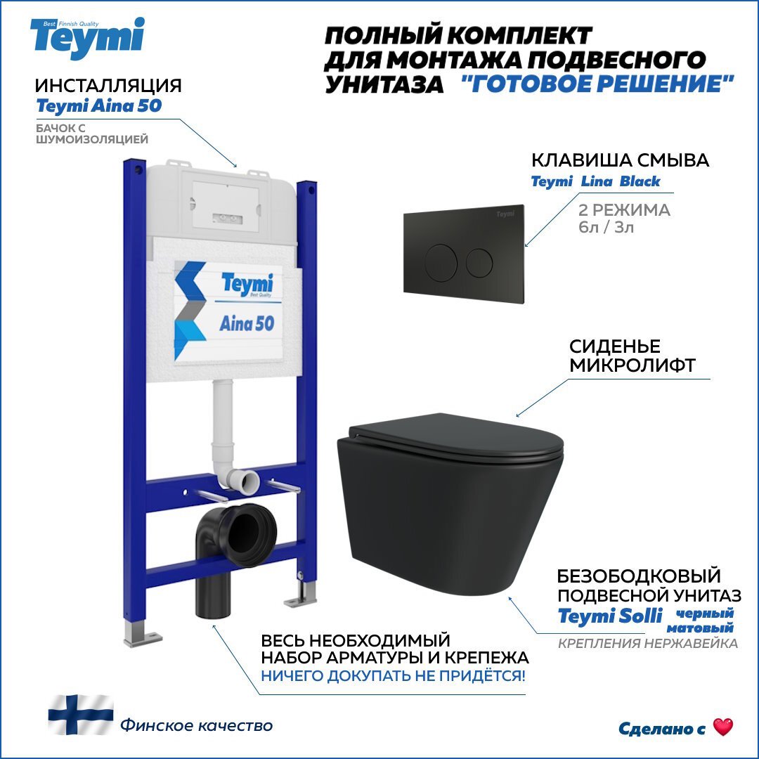 Изображение товара Комплект инсталляции с унитазом TEYMI Solli F08912 черный для подвесных унитазов