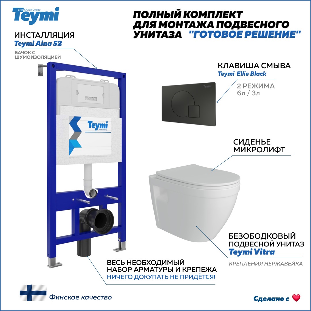 Изображение товара Комплект инсталляции с унитазом TEYMI Vitra F00486 белый черный матовый