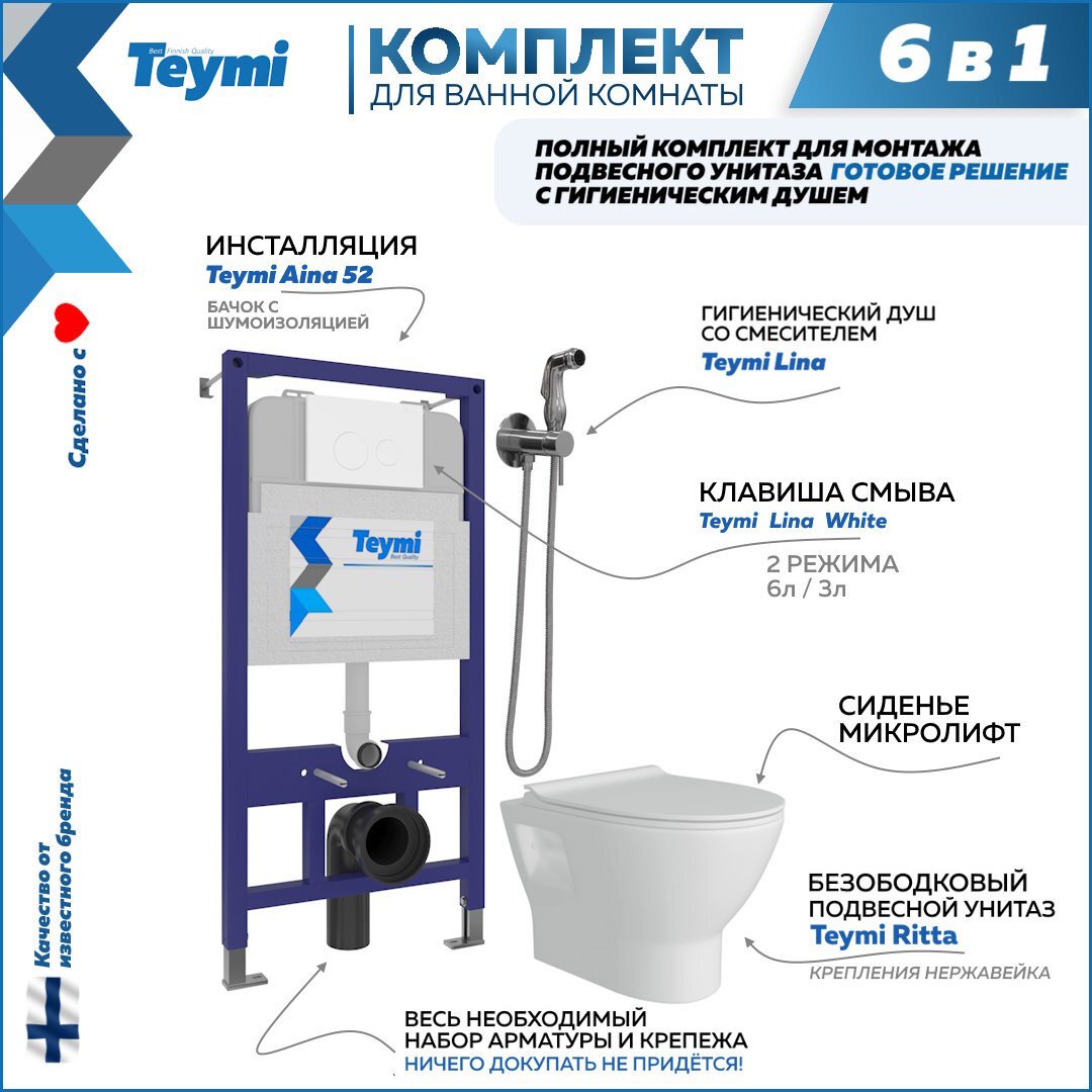 Изображение товара Комплект инсталляции с унитазом Teymi Ritta F08102 и клавишей Lina