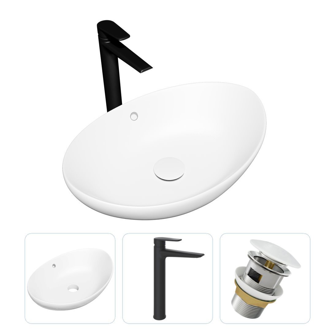 Изображение товара Комплект Teymi раковина F07832 Lori 60 накладная, смеситель Kati высокий, черный матовый, выпуск Teymi с переливом белый F07832