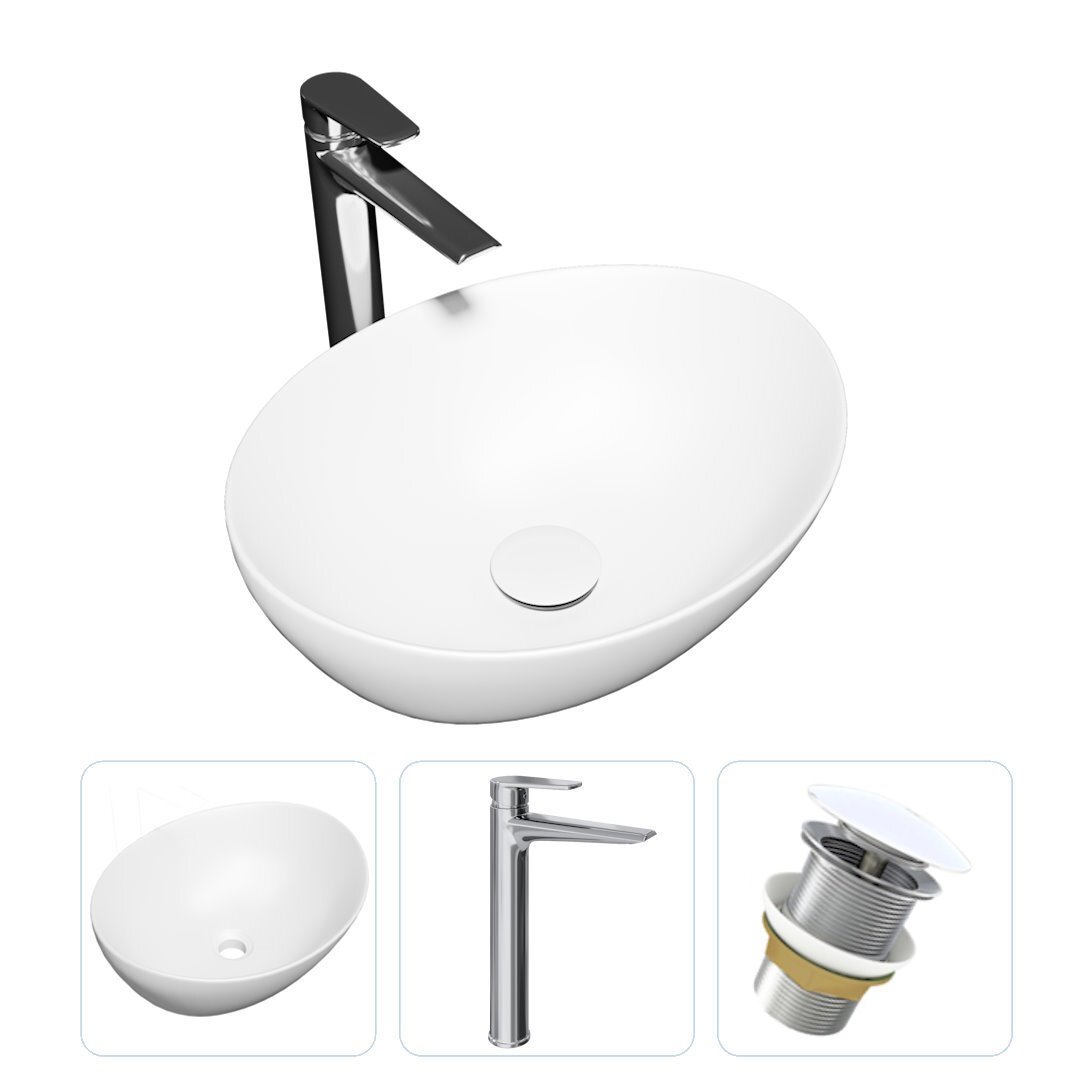 Изображение товара Комплект Teymi раковина F07814 Lori 40 накладная, смеситель Kati высокий, хром, выпуск Teymi без перелива белый F07814