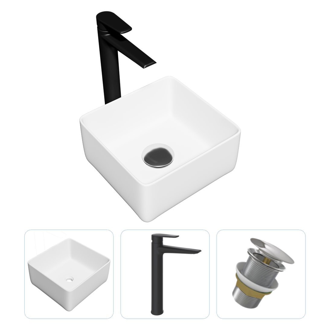 Изображение товара Комплект Teymi раковина F07852 Helmi Mini 24 накладная, смеситель Kati высокий, черный матовый, выпуск Teymi без перелива хром F07852