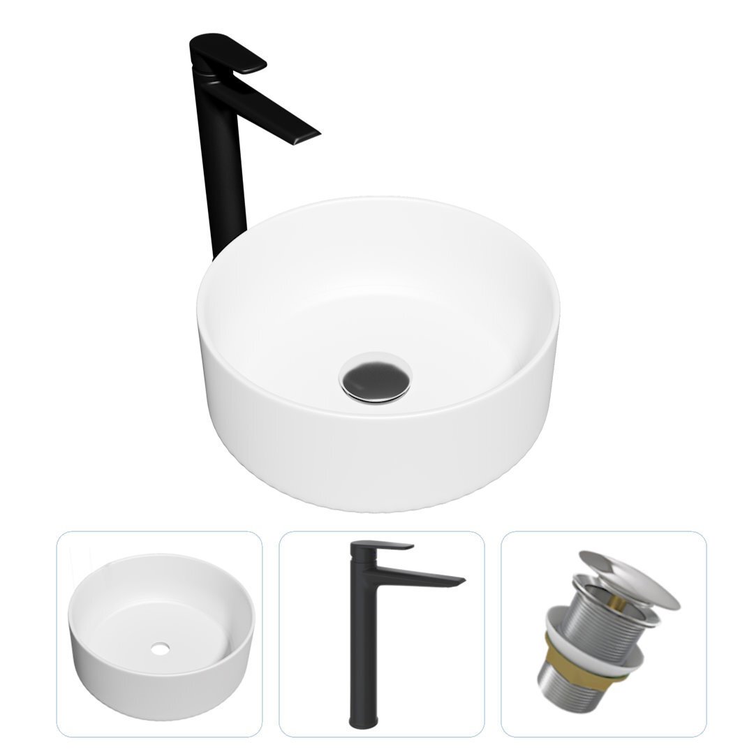 Изображение товара Комплект Teymi раковина F07840 Lina D41 накладная, смеситель Kati высокий, черный матовый, выпуск Teymi без перелива хром F07840