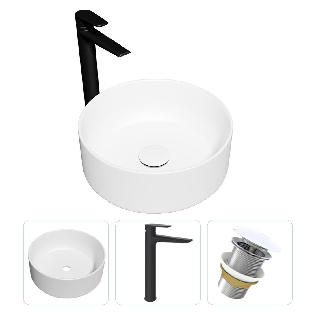 Изображение товара Комплект Teymi раковина F07838 Lina D41 накладная, смеситель Kati высокий, черный матовый, выпуск Teymi без перелива белый F07838