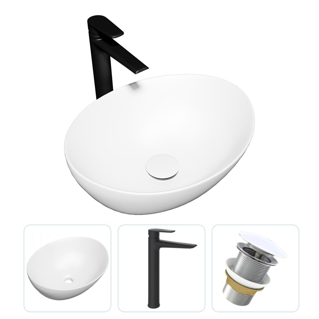 Изображение товара Комплект Teymi раковина F07868 Lori 40 накладная, смеситель Kati высокий, черный матовый, выпуск Teymi без перелива белый F07868